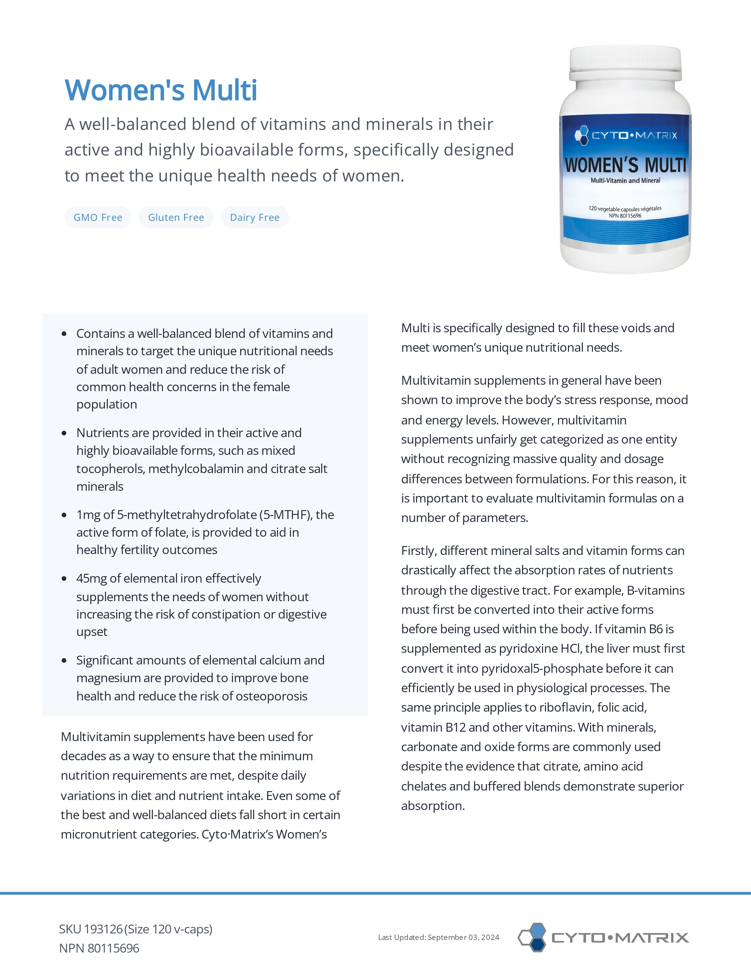 Women’s Multi by CytoMatrix® – Daily Nutrient & Energy Support | 120 Vegetable Capsules