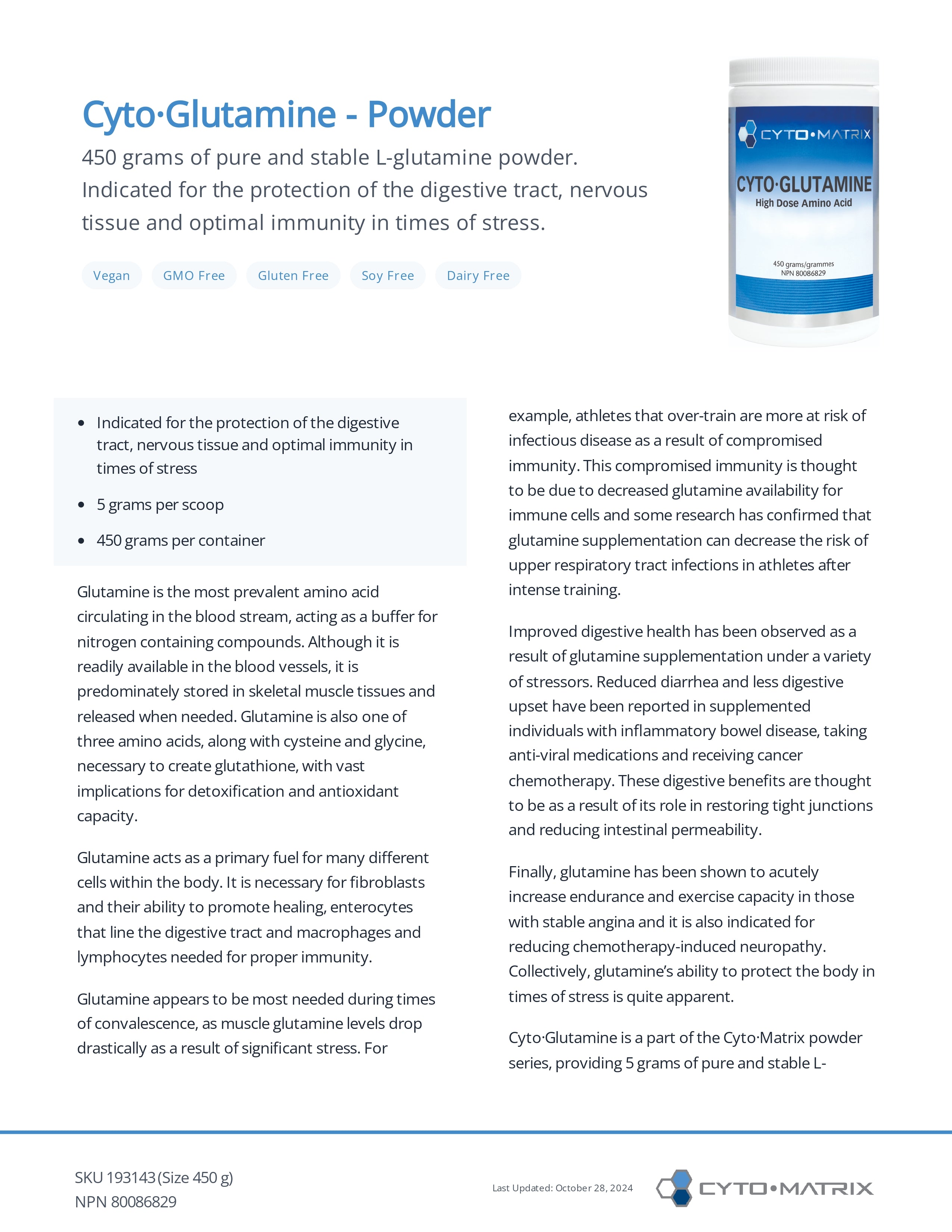 Cyto-Glutamine Powder by Cyto‑Matrix – Digestive, Immune & Cellular Support | 450 g