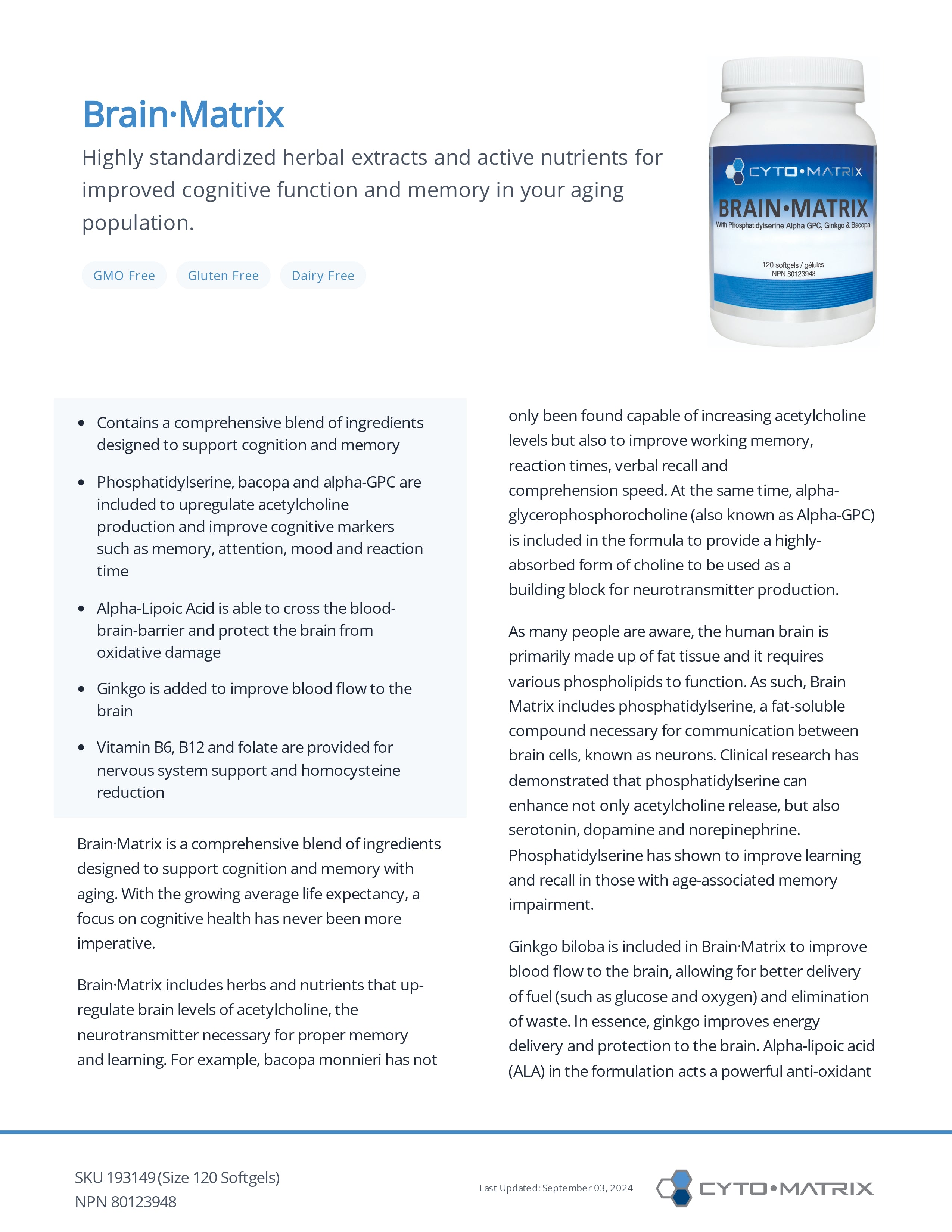 Brain Matrix by CytoMatrix® – Cognitive, Memory & Focus Support | 120 Softgel