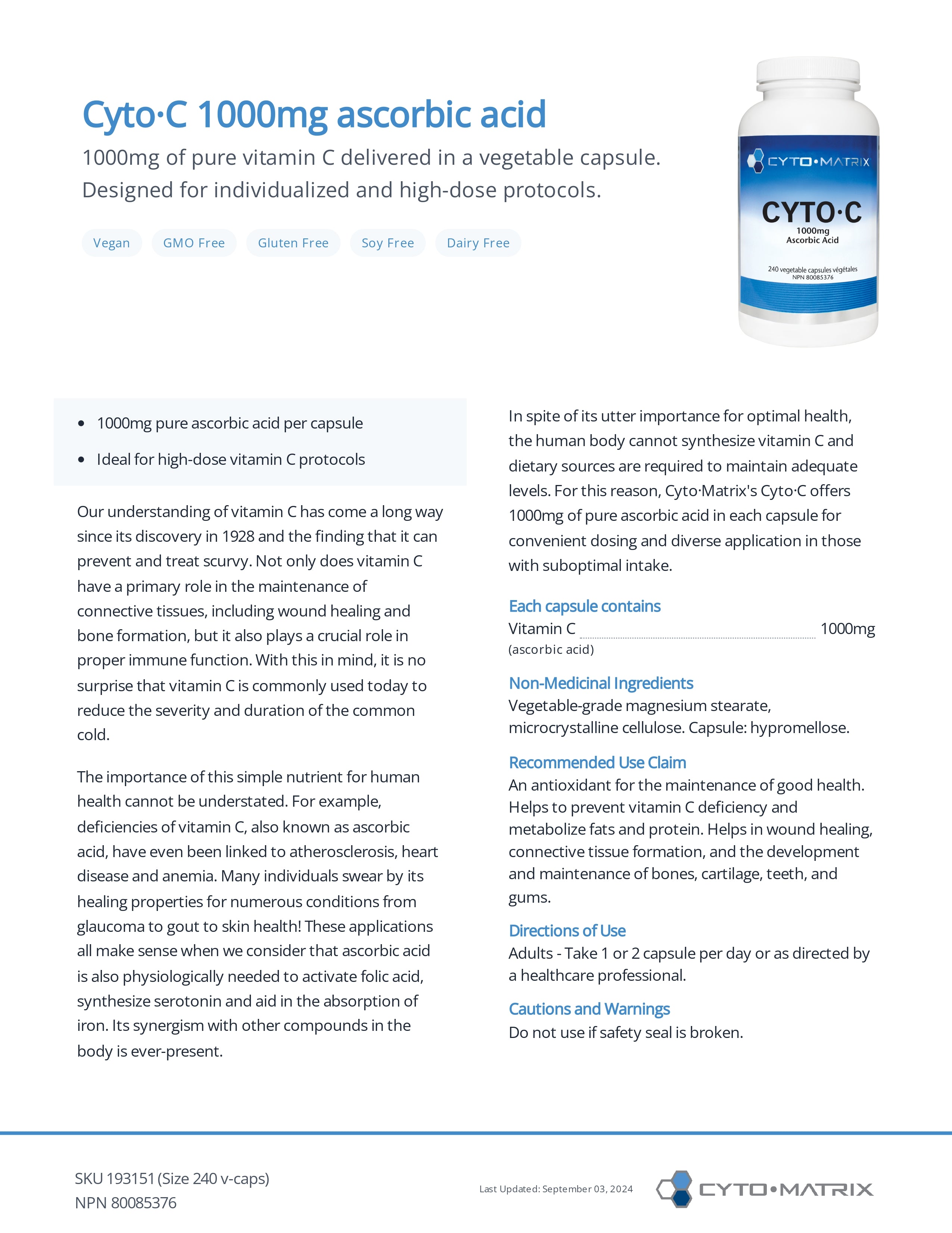 Cyto-C 1000mg Ascorbic Acid | Cytomatrix® | 240 Vegetable Capsule