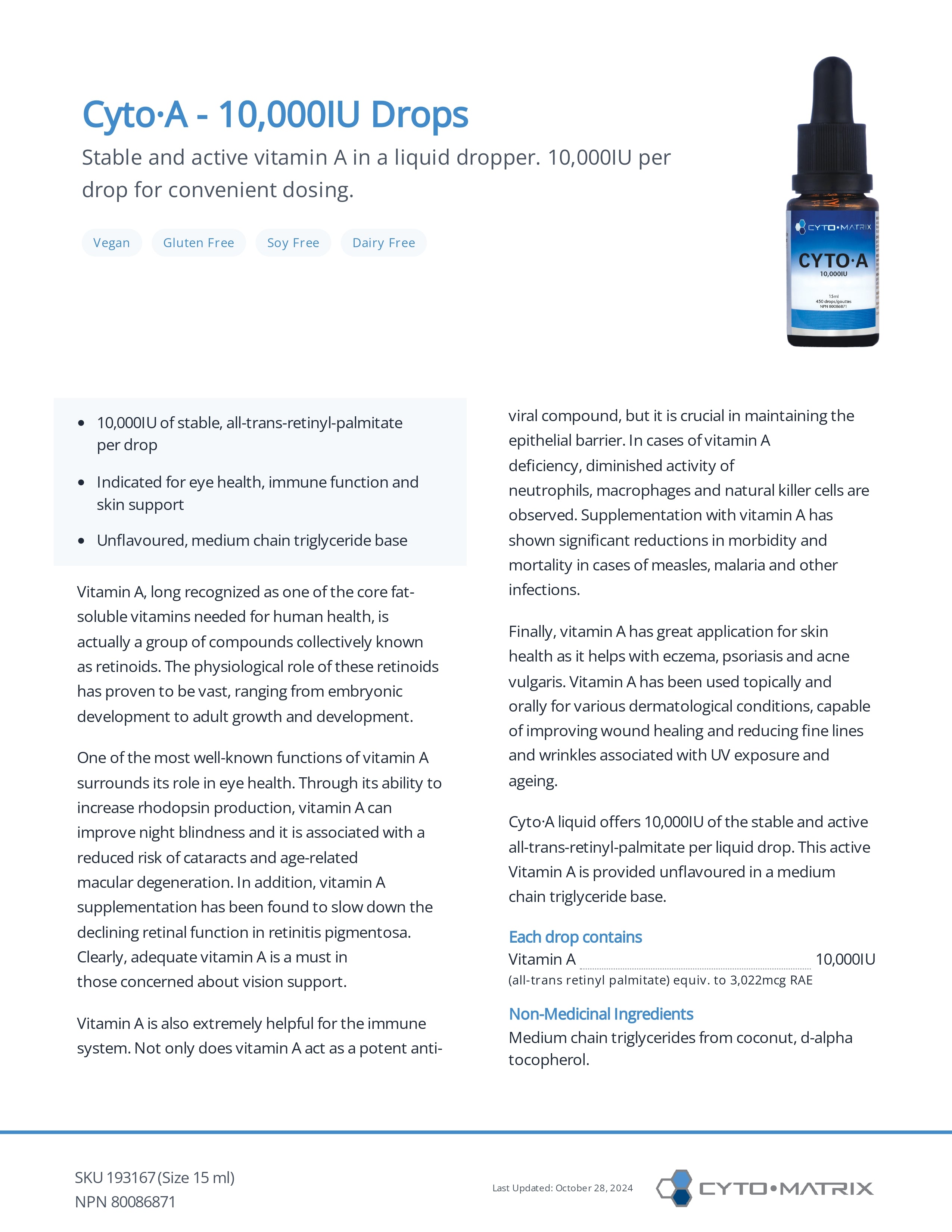 Cyto-A 10,000 IU Drops by Cytomatrix® – Liquid Vitamin A (Retinyl Palmitate) | 15 mL