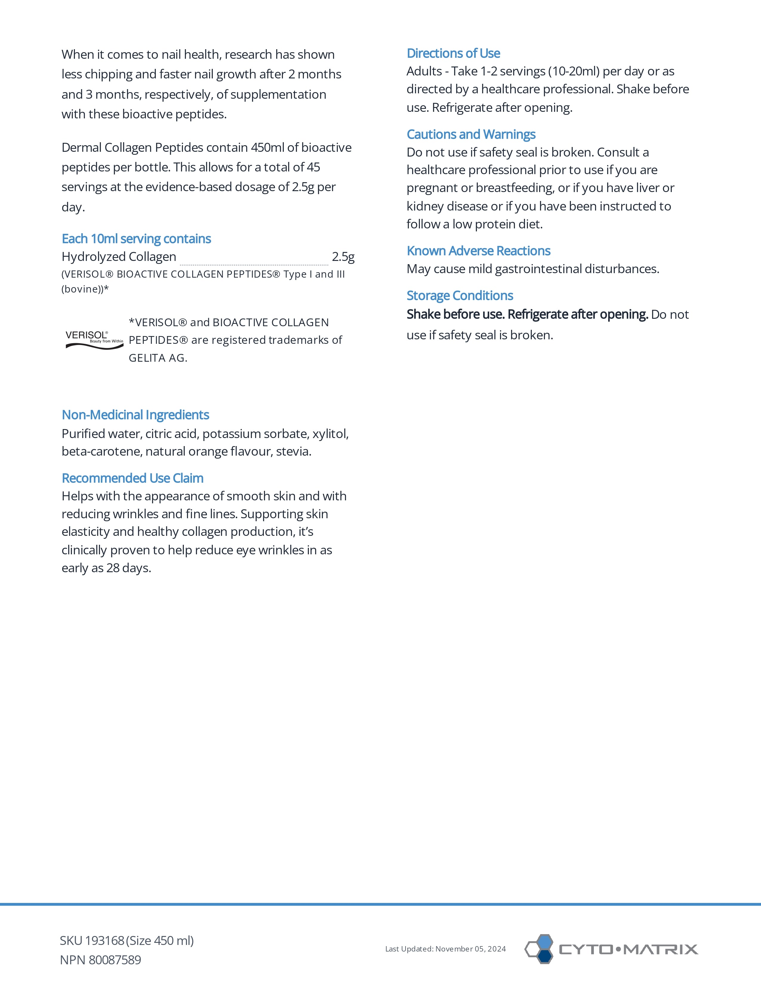 Dermal Collagen Peptides Liquid by Cytomatrix® – Skin Elasticity, Hair & Nail Support | 450 mL