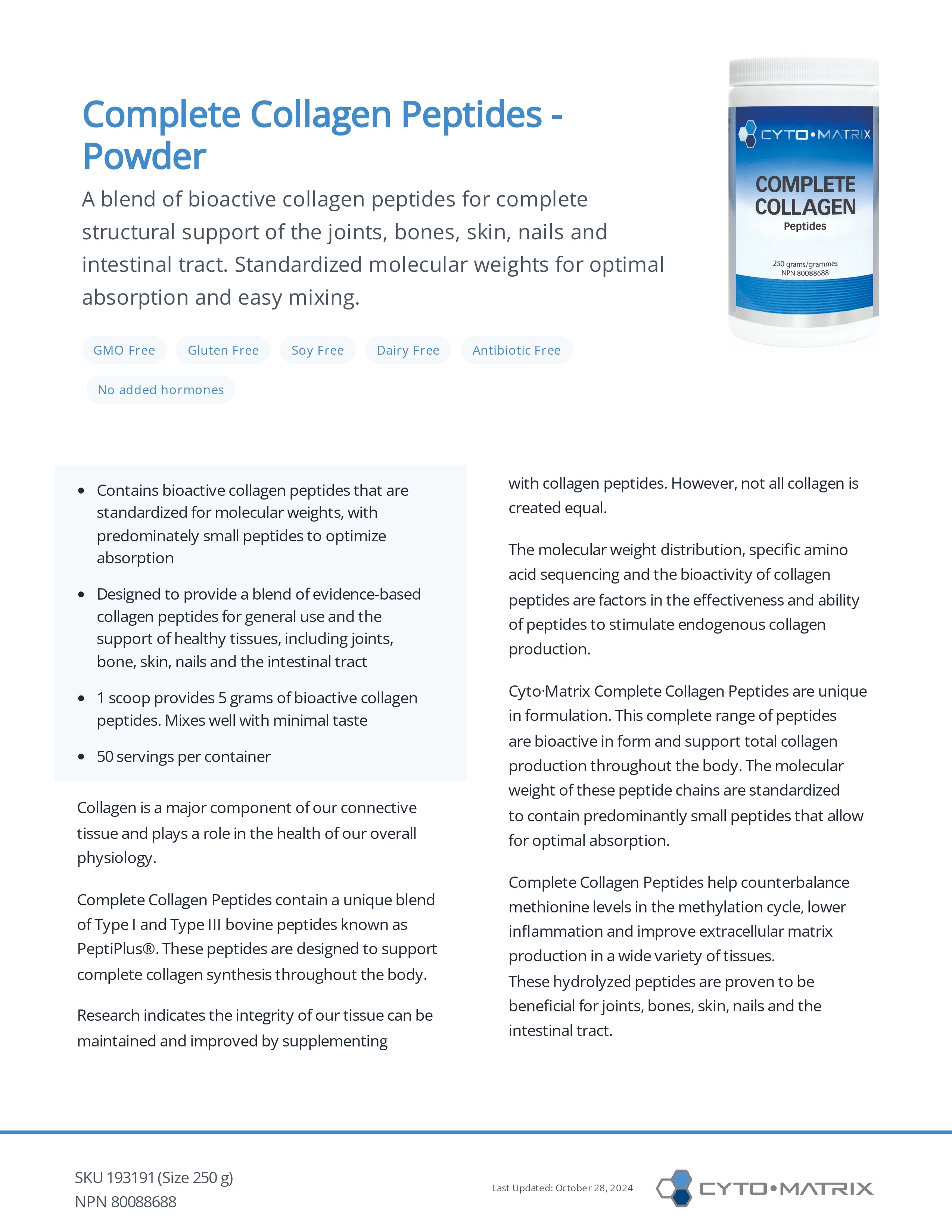 Complete Collagen Peptides Powder by Cytomatrix® – Skin, Joint & Connective Tissue Support | 250 g