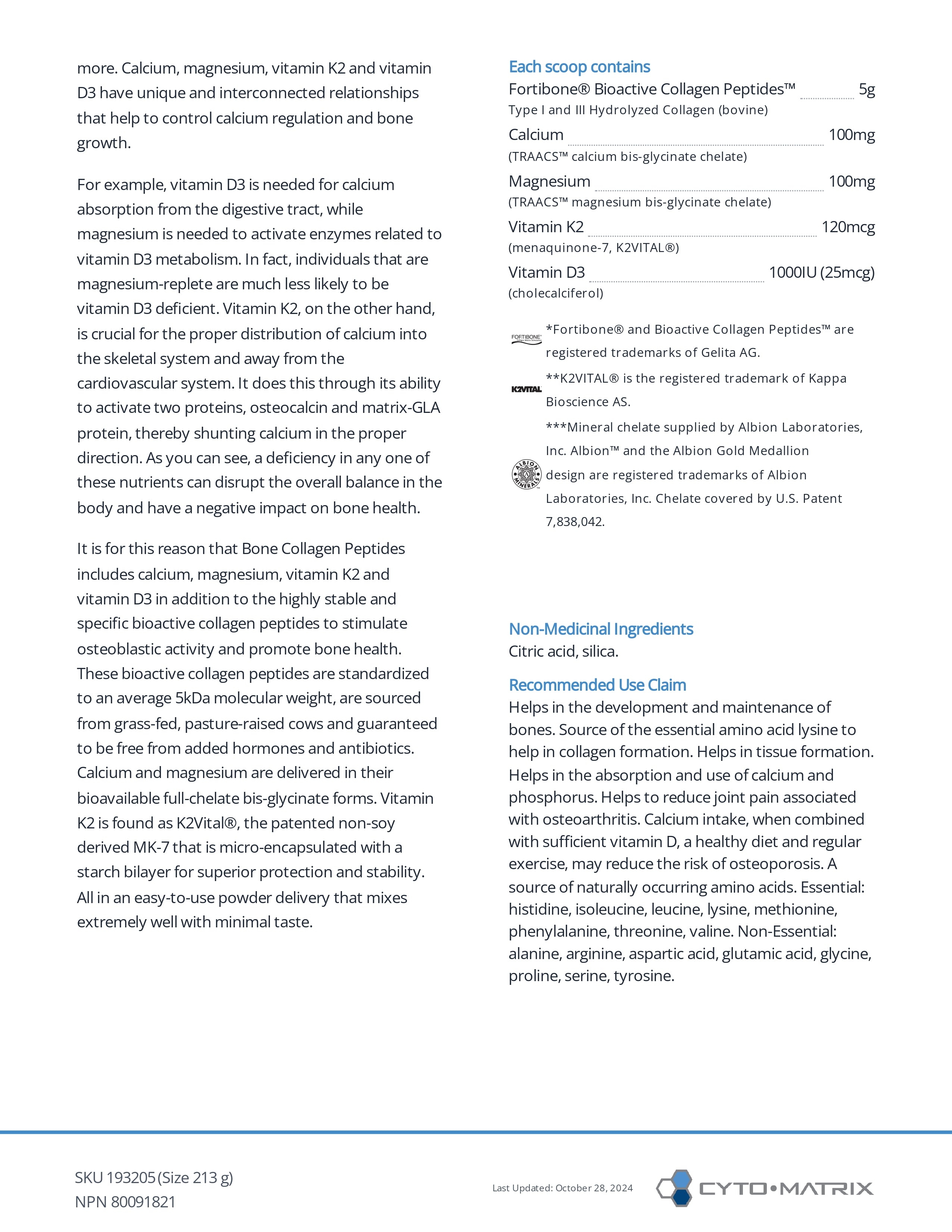 Bone Collagen Peptides Powder by Cytomatrix® – Bone Density & Collagen Support | 213 g