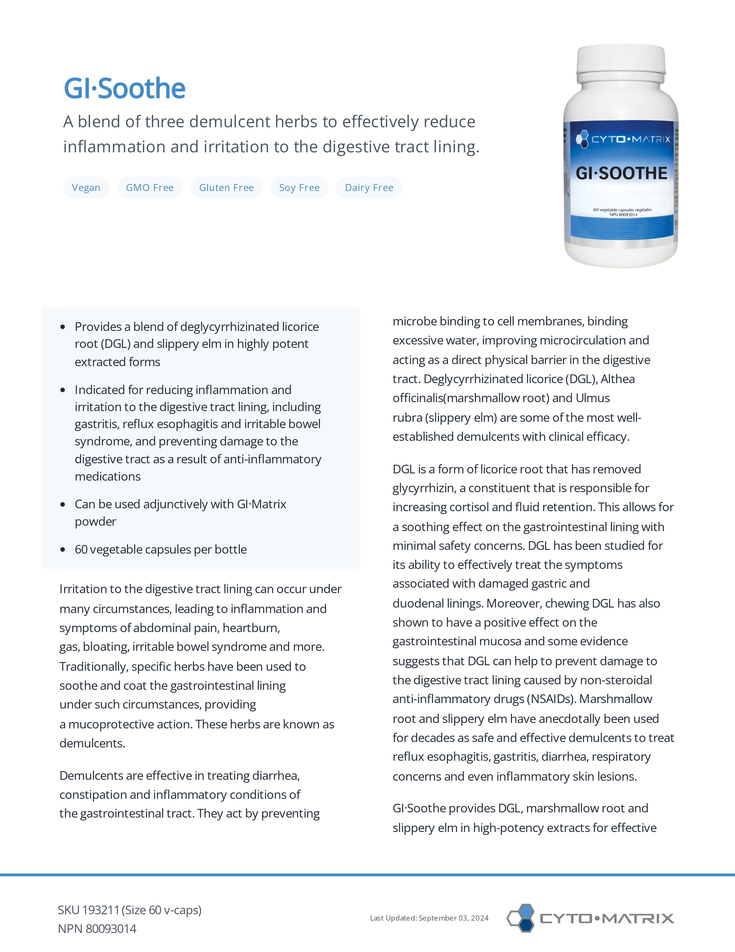 GI-Soothe by Cytomatrix® – Digestive Tract Lining Support with DGL, Marshmallow & Slippery Elm | 60 Vegetable Capsules