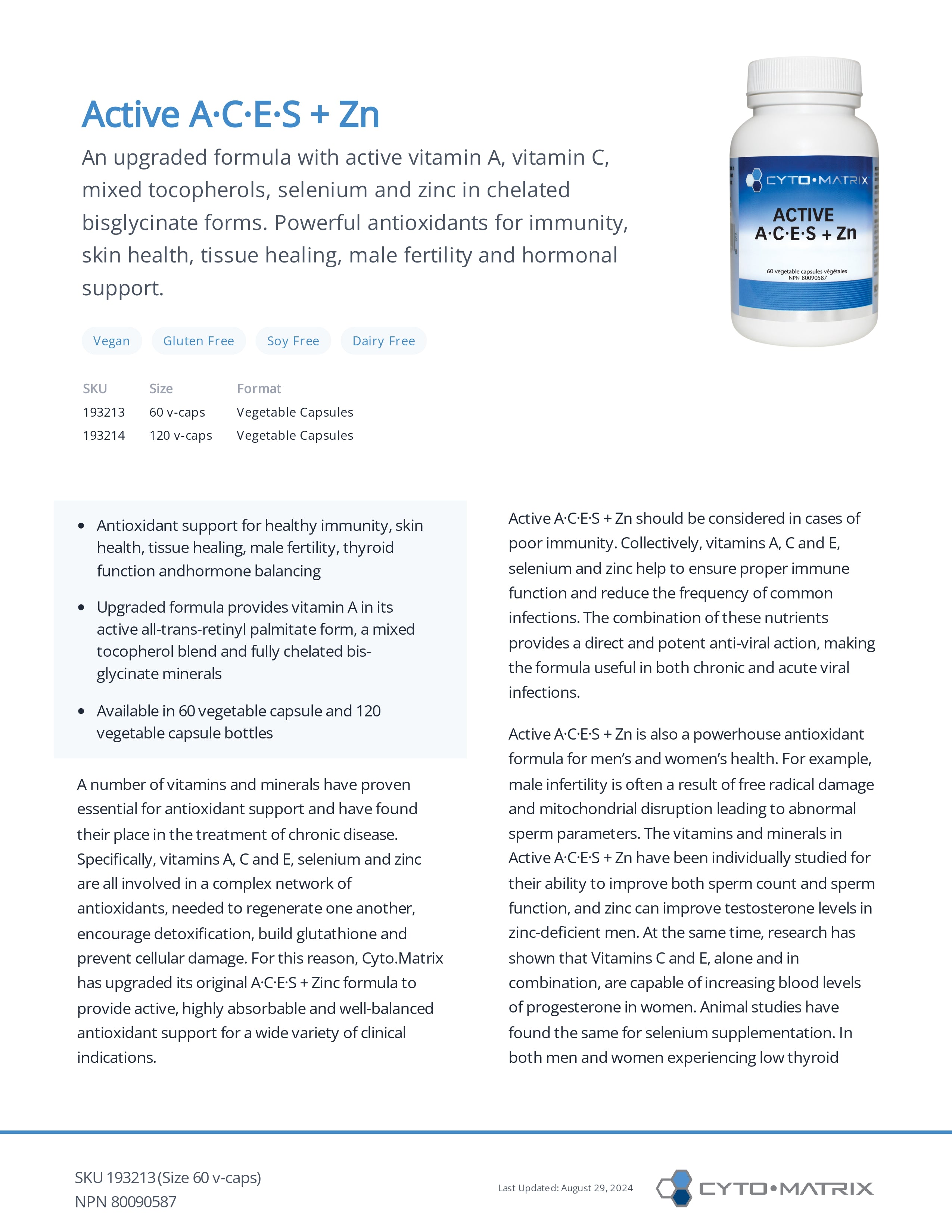 Active ACES + Zn by Cytomatrix® – Antioxidant Vitamins A, C, E & Zinc Support | 60 or 120 Veg Capsules