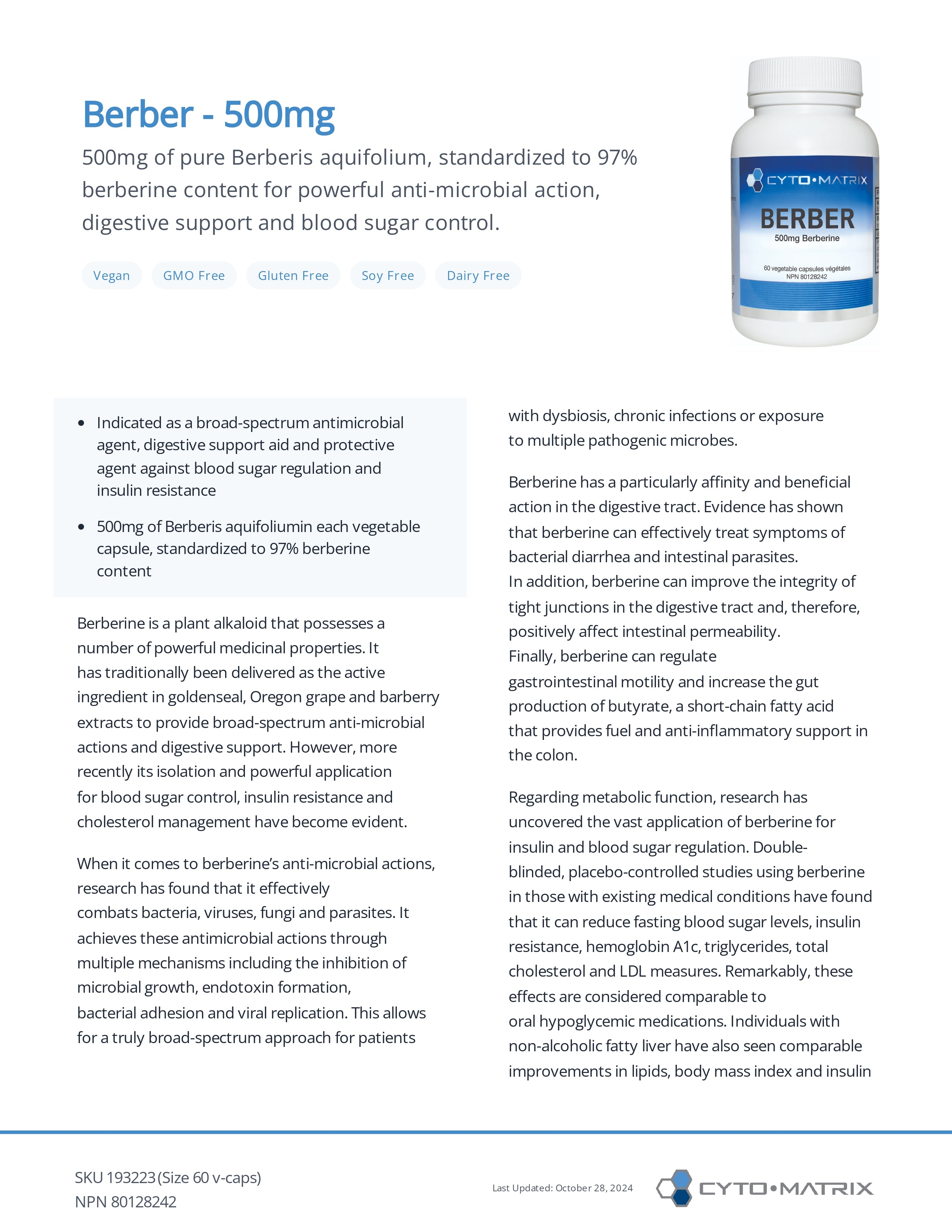 Berber by Cytomatrix® – Berberine Support for Blood Sugar & Metabolic Health | 60 Vegetable Capsules