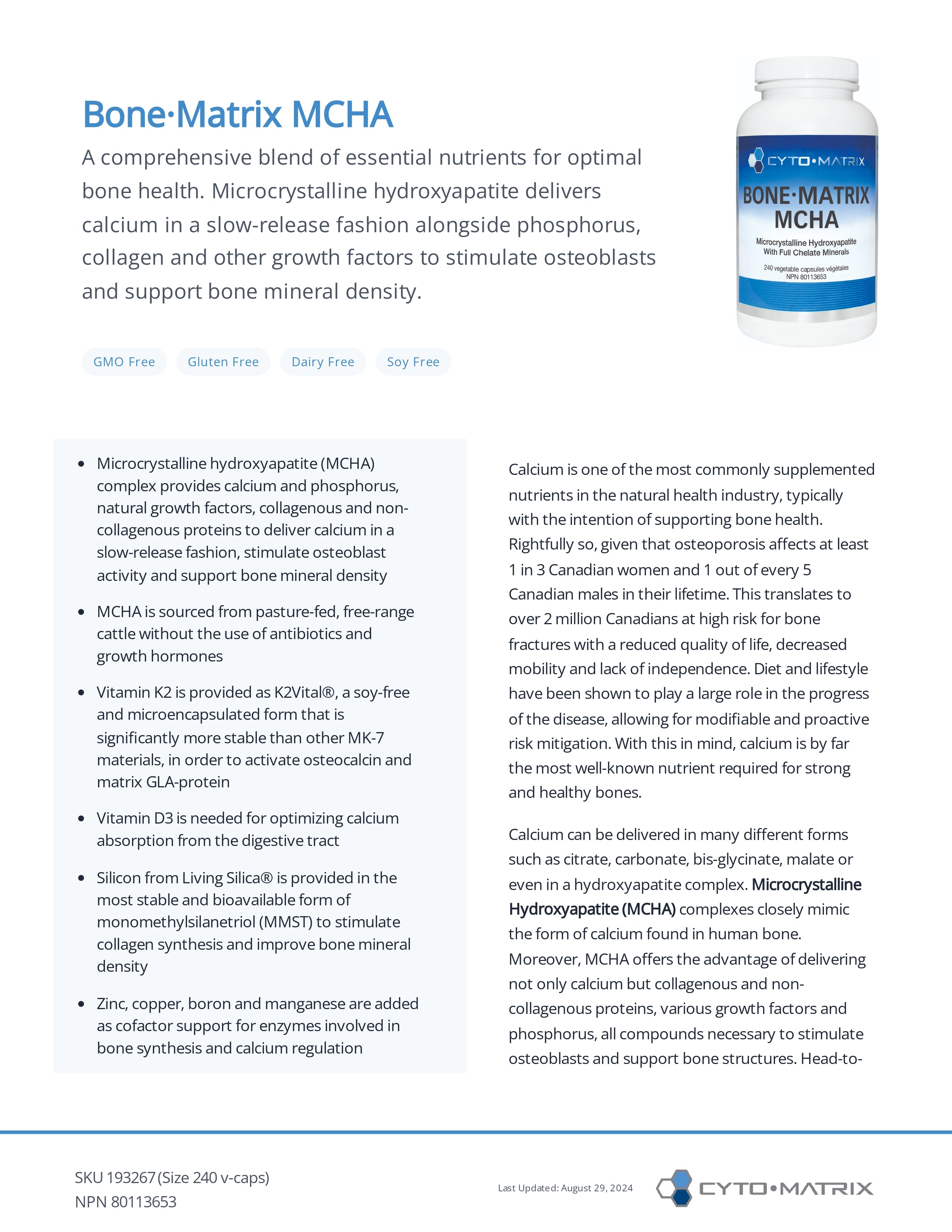 Bone-Matrix MCHA by Cytomatrix® – Calcium, Bone Density & Skeletal Support | 240 Vegetable Capsules