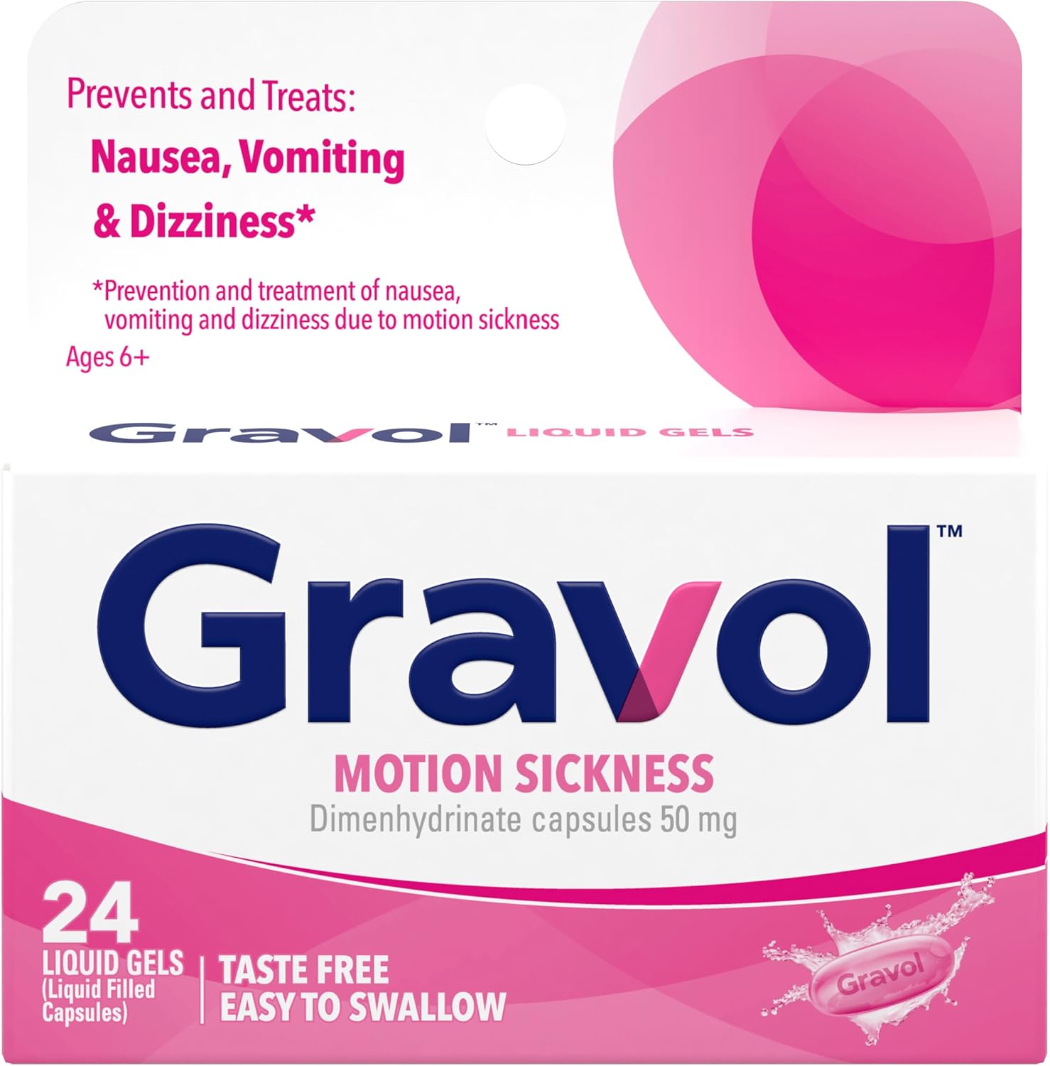 Motion Sickness Relief and Nausea Prevention, Liquid Gel Capsules for Adults| Gravol™ | 24 Count