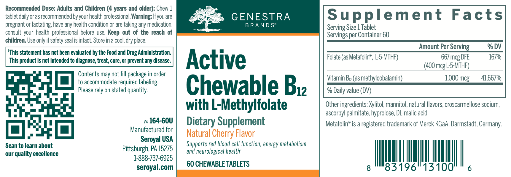 Active Chewable B12 with L-Methylfolate | Genestra Brands® | 60 Chewable Tablets - Coal Harbour Pharmacy