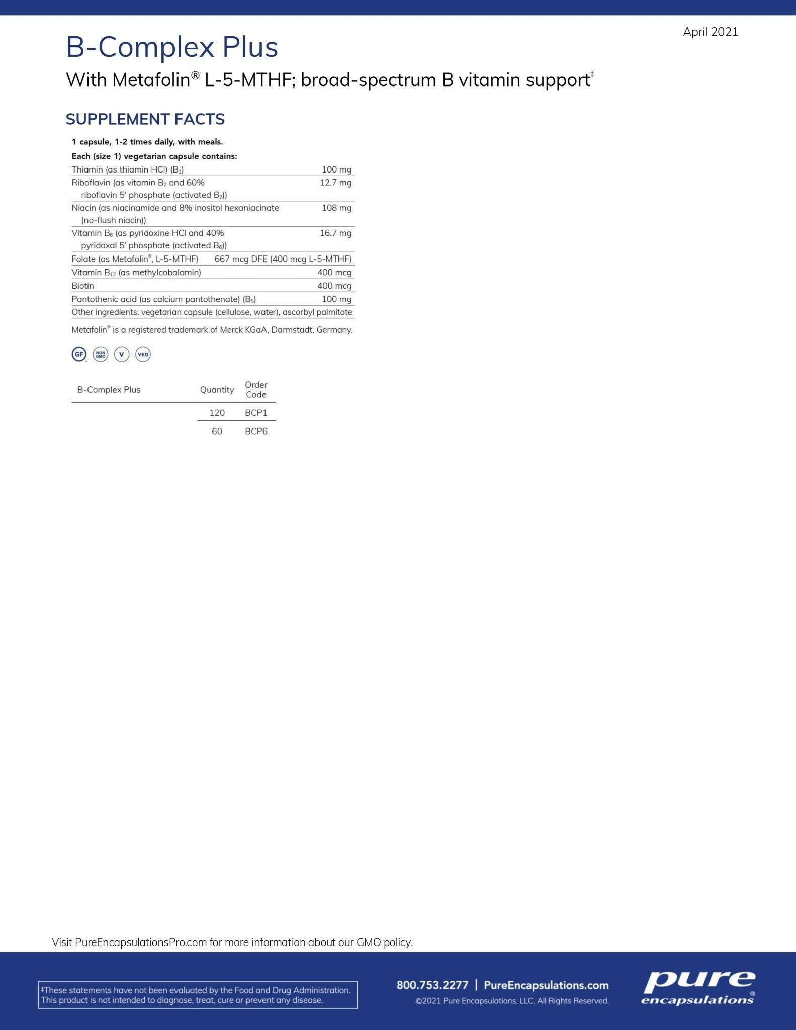 B-Complex Plus | Pure Encapsulations® | 60 Capsules - Coal Harbour Pharmacy