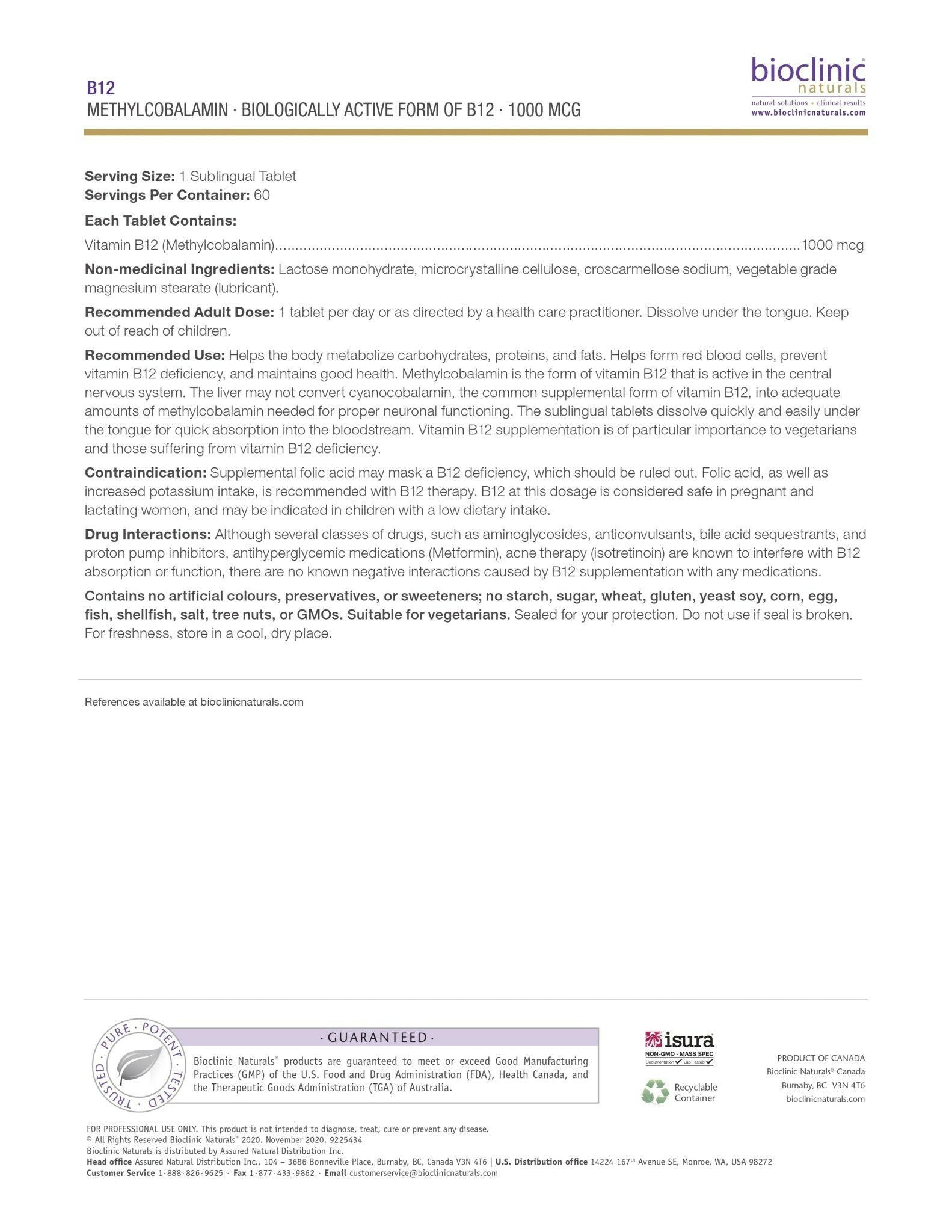 B12 1000 mcg | Bioclinic® Naturals | 60 Sublingual Tablets - Coal Harbour Pharmacy