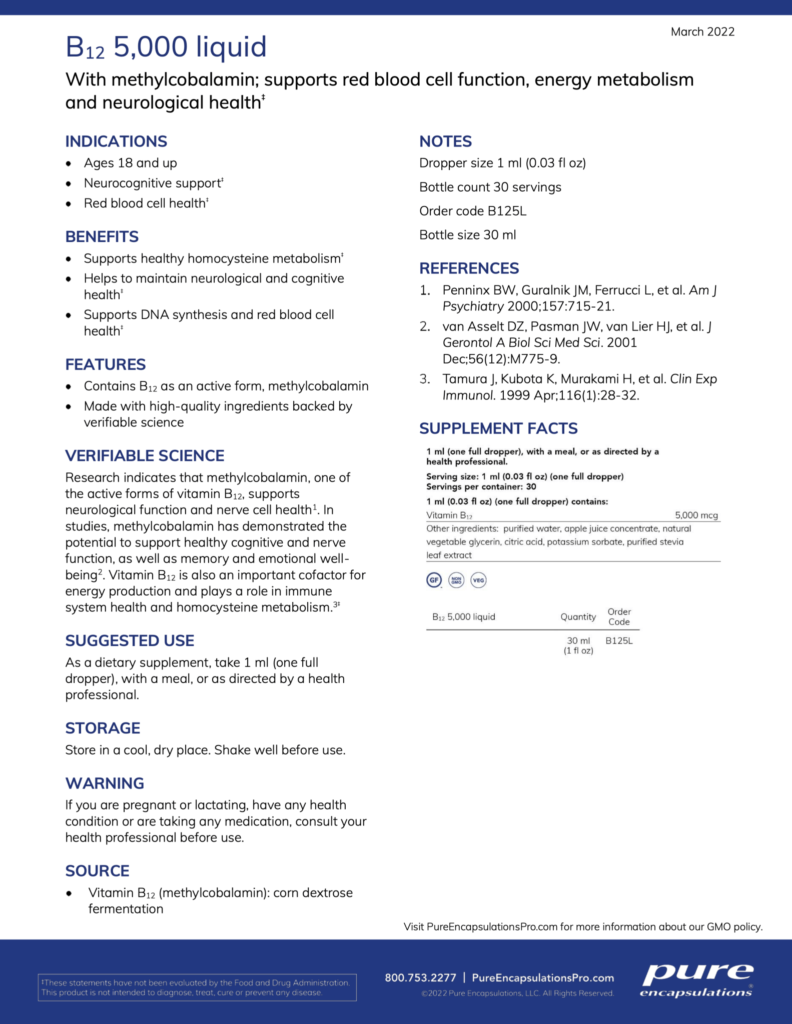 B12 5000 Liquid | Pure Encapsulations®| 30 mL Liquid - Coal Harbour Pharmacy