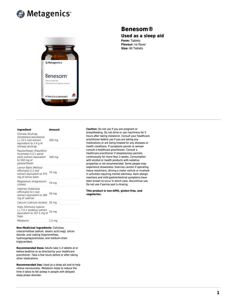 Benesom™ | Metagenics® | 60 Tablets - Coal Harbour Pharmacy
