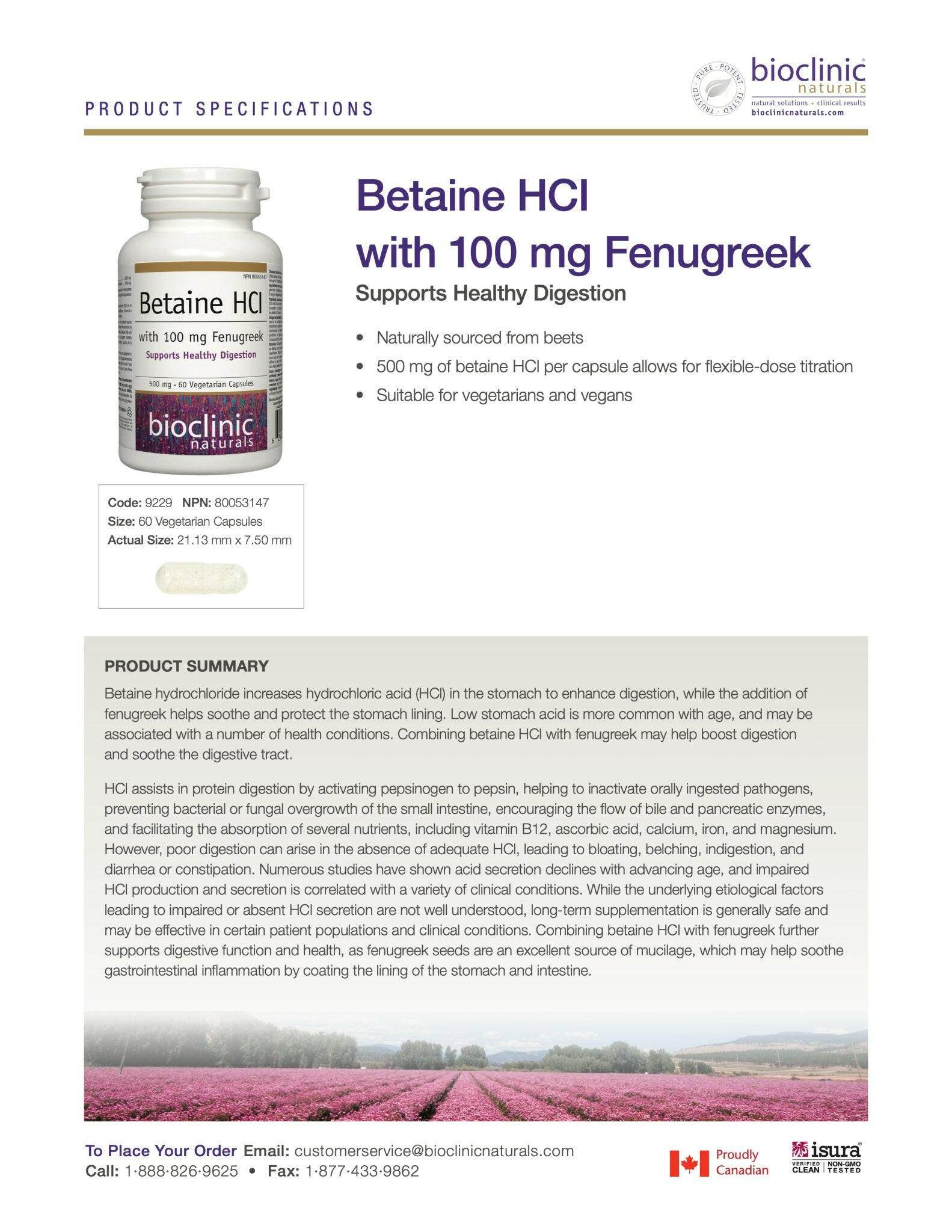 Betaine HCI | Bioclinic® Naturals| 60 Vegetarian Capsules - Coal Harbour Pharmacy