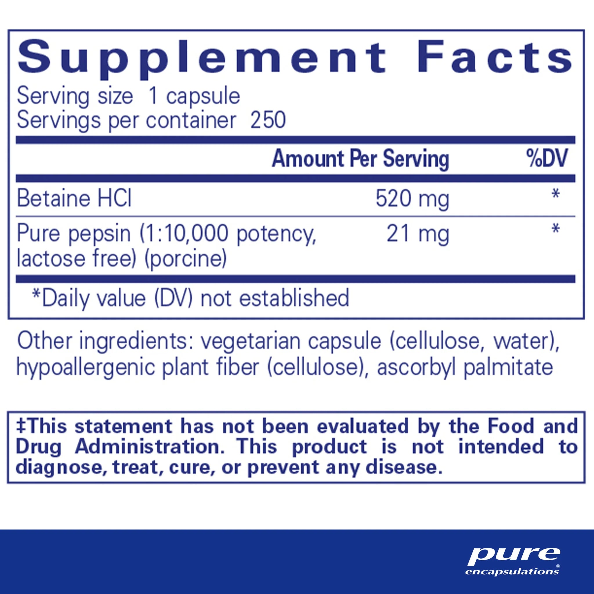 Betaine HCl Pepsin | Pure Encapsulations® | 250 Capsules - Coal Harbour Pharmacy