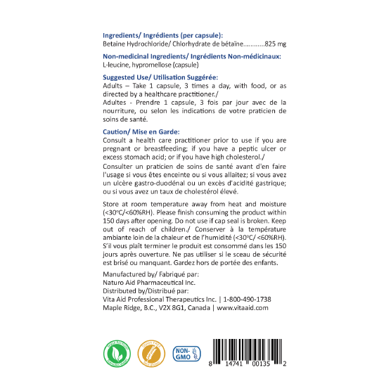 Betaine HCl | Vita Aid® | 150 Veg Capsules - Coal Harbour Pharmacy