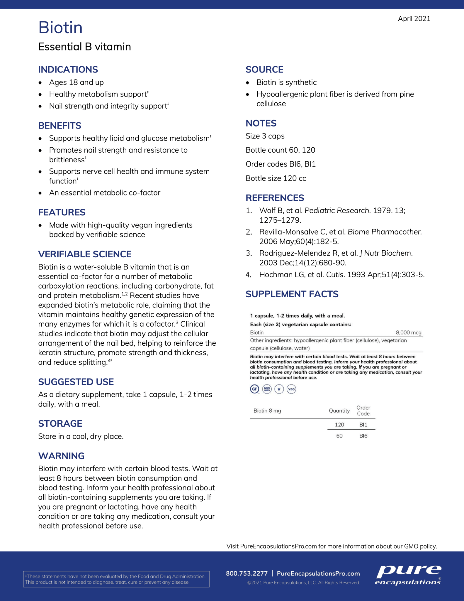 Biotin 8 mg. | Pure Encapsulations® | 120 Capsules - Coal Harbour Pharmacy