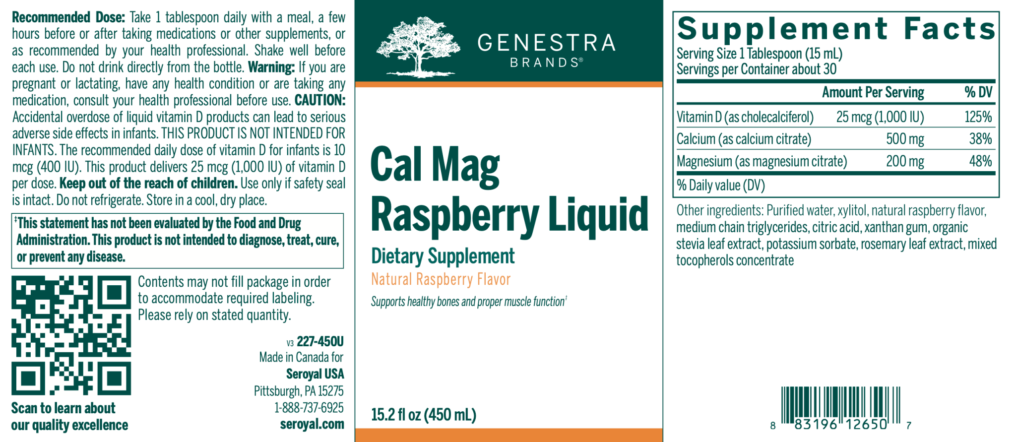 Cal Mag Liquid Raspberry Flavour | Genestra Brands® | 450 mL - Coal Harbour Pharmacy