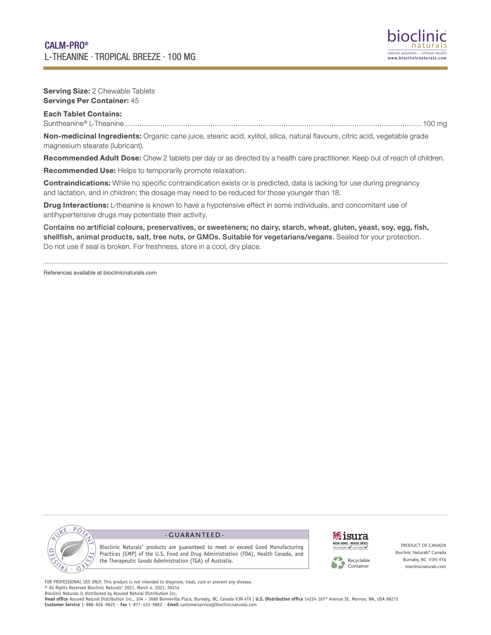 Calm-Pro™ | Bioclinic® Naturals | 90 Chewable Tablets - Coal Harbour Pharmacy