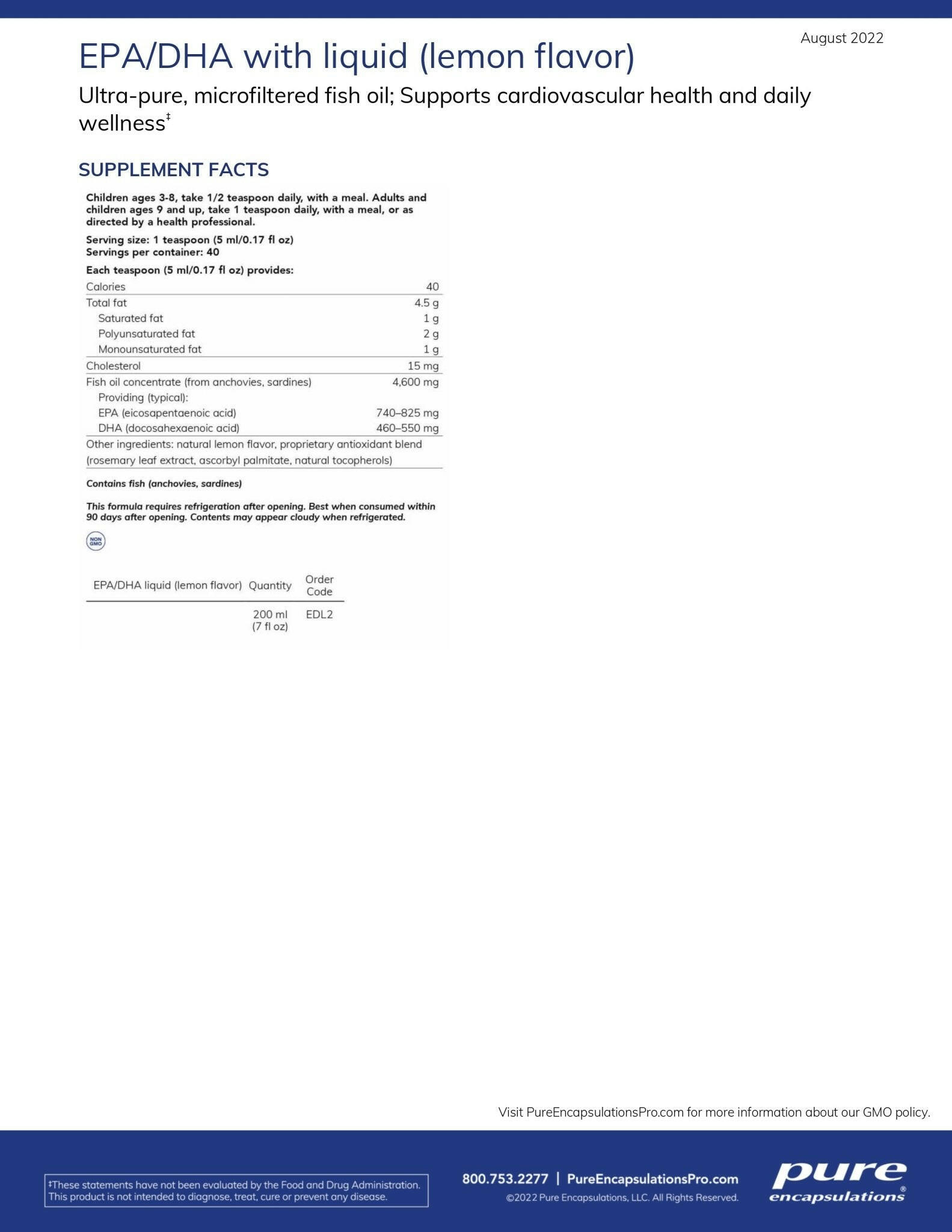 EPA/DHA Liquid | Pure Encapsulations® | 200 mL - Coal Harbour Pharmacy