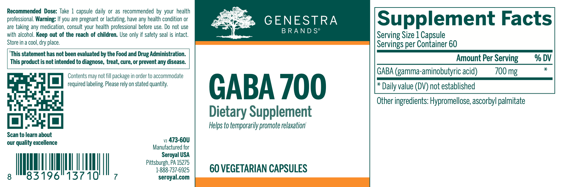 GABA 700 | Genestra Brands® | 60 Vegetable Capsules - Coal Harbour Pharmacy