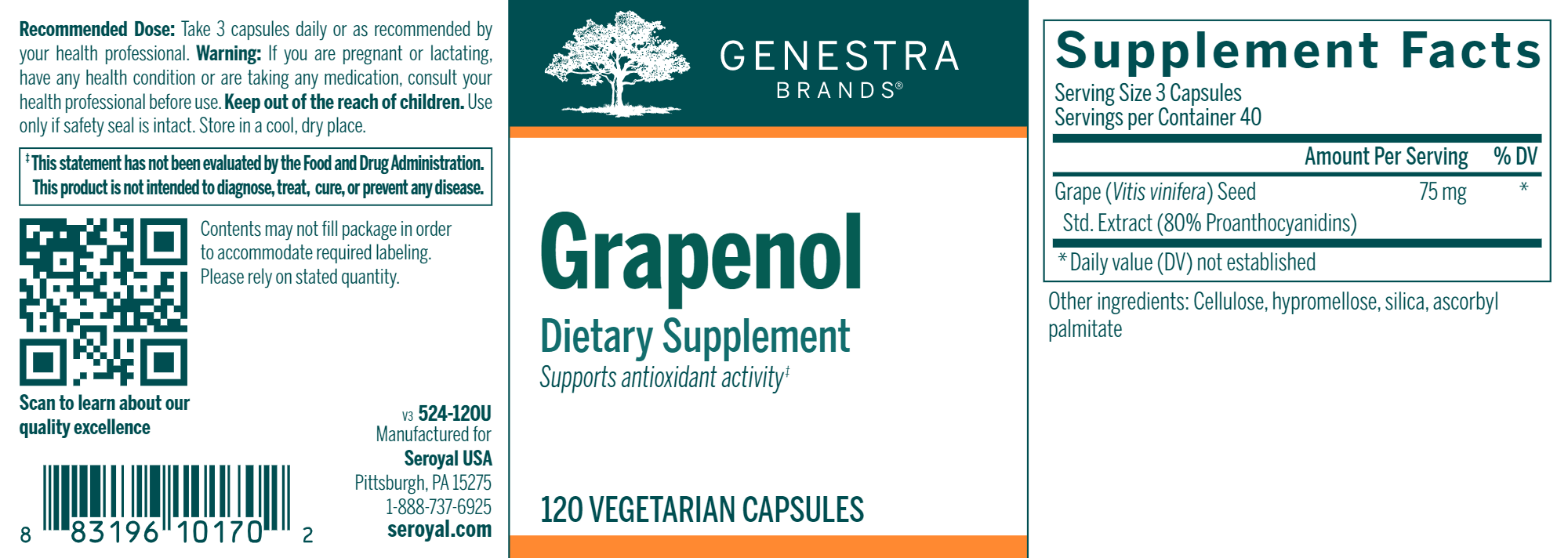 Grapenol | Genestra Brands® | 120 Vegetable Capsules - Coal Harbour Pharmacy