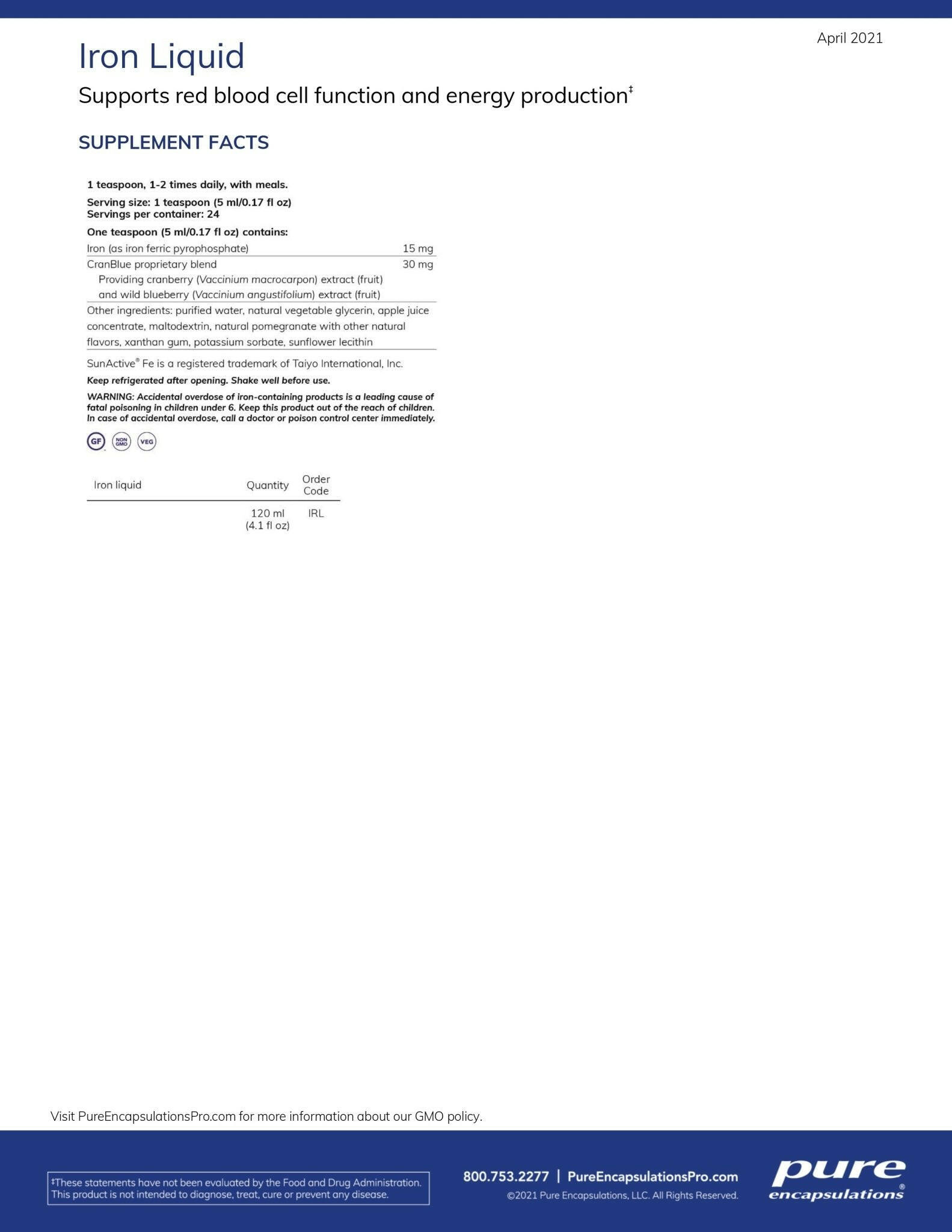 Iron liquid | Pure Encapsulations® | 120 mL - Coal Harbour Pharmacy