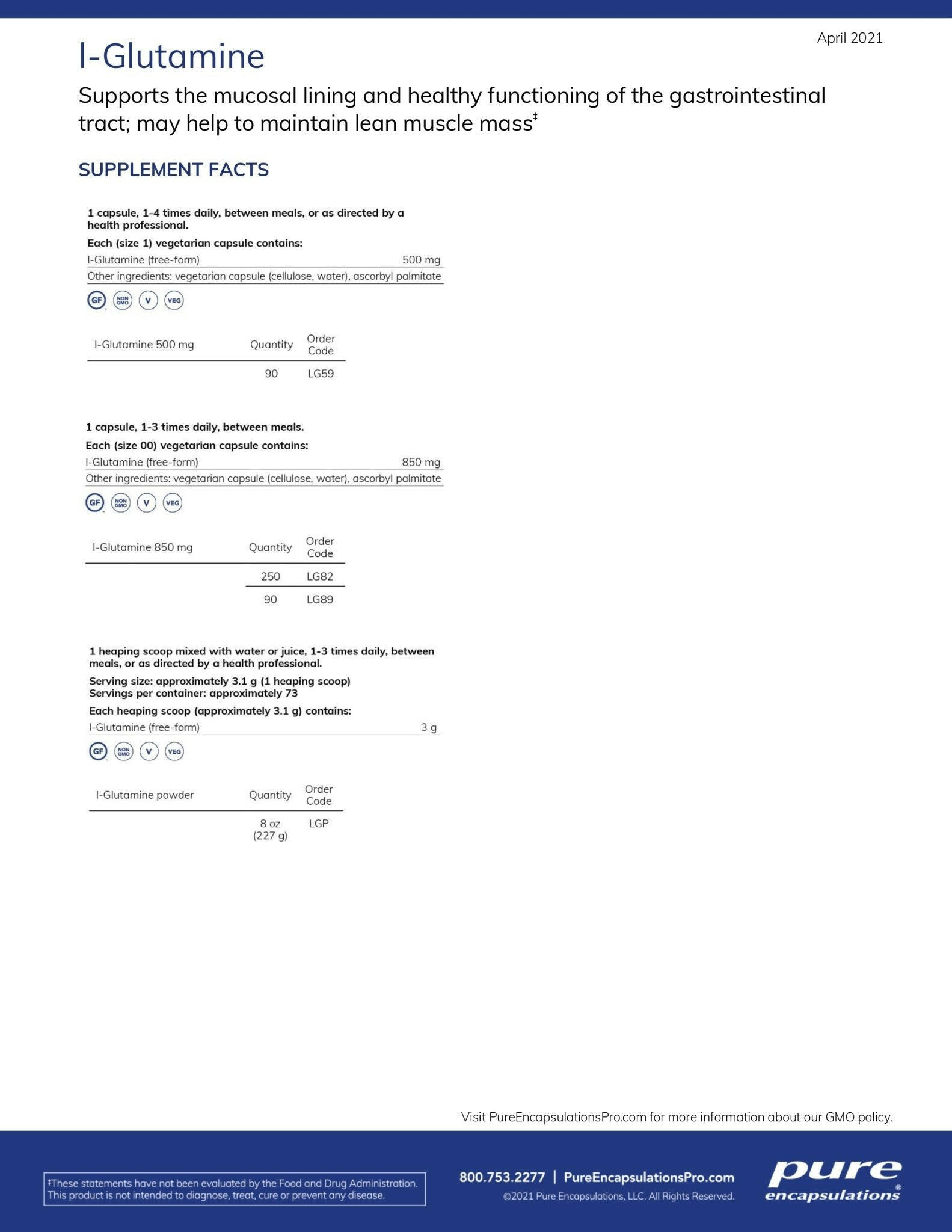 l-Glutamine powder | Pure Encapsulations® | 227 grams - Coal Harbour Pharmacy