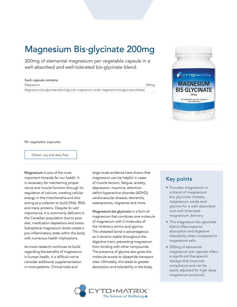 Magnesium Bis-Glycinate 200mg | Cytomatrix® | 90 Vegetable Capsules