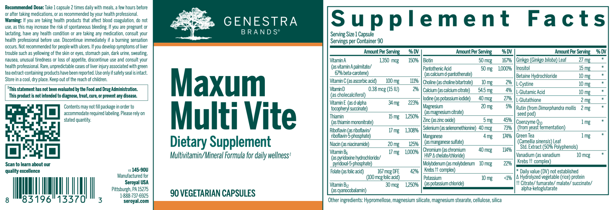 Maxum Multi Vite | Genestra Brands® | 90 or 180 Vegetable Capsules - Coal Harbour Pharmacy
