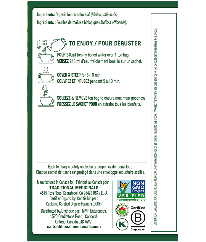 Organic Lemon Balm Tea | Traditional Medicinals® | 16 Tea Bags