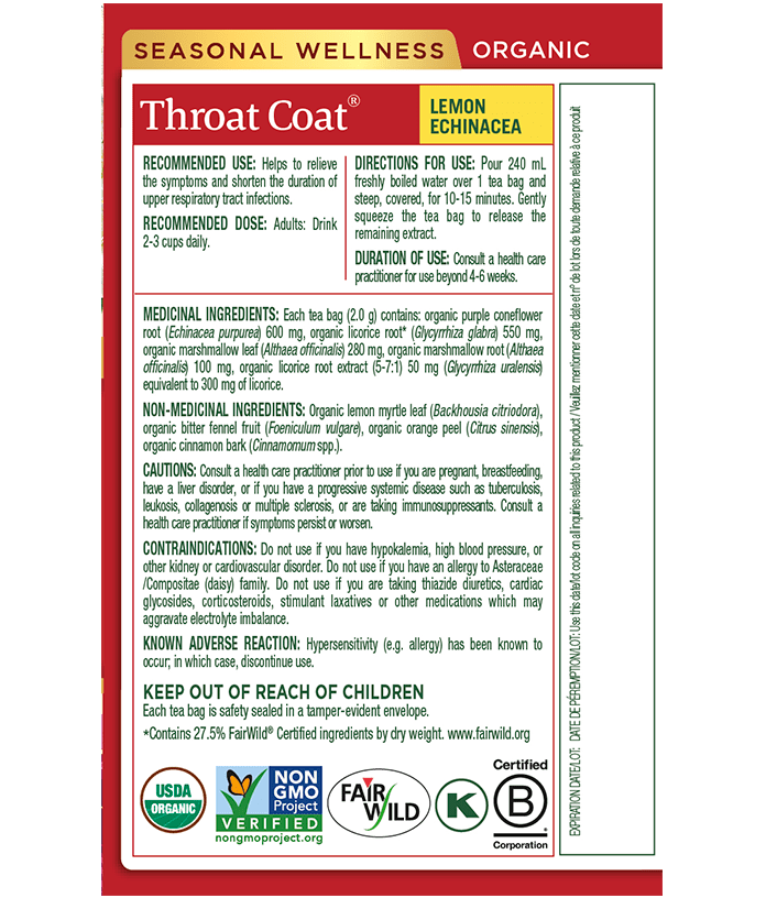Organic Throat Coat® Lemon Echinacea Tea | Traditional Medicinals® | 16 Tea Bags - Coal Harbour Pharmacy
