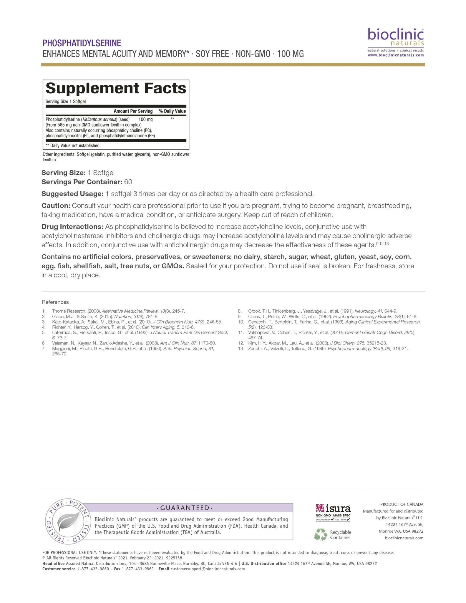 Phosphatidylserine 100mg | Bioclinic® Naturals | 60 Softgels - Coal Harbour Pharmacy
