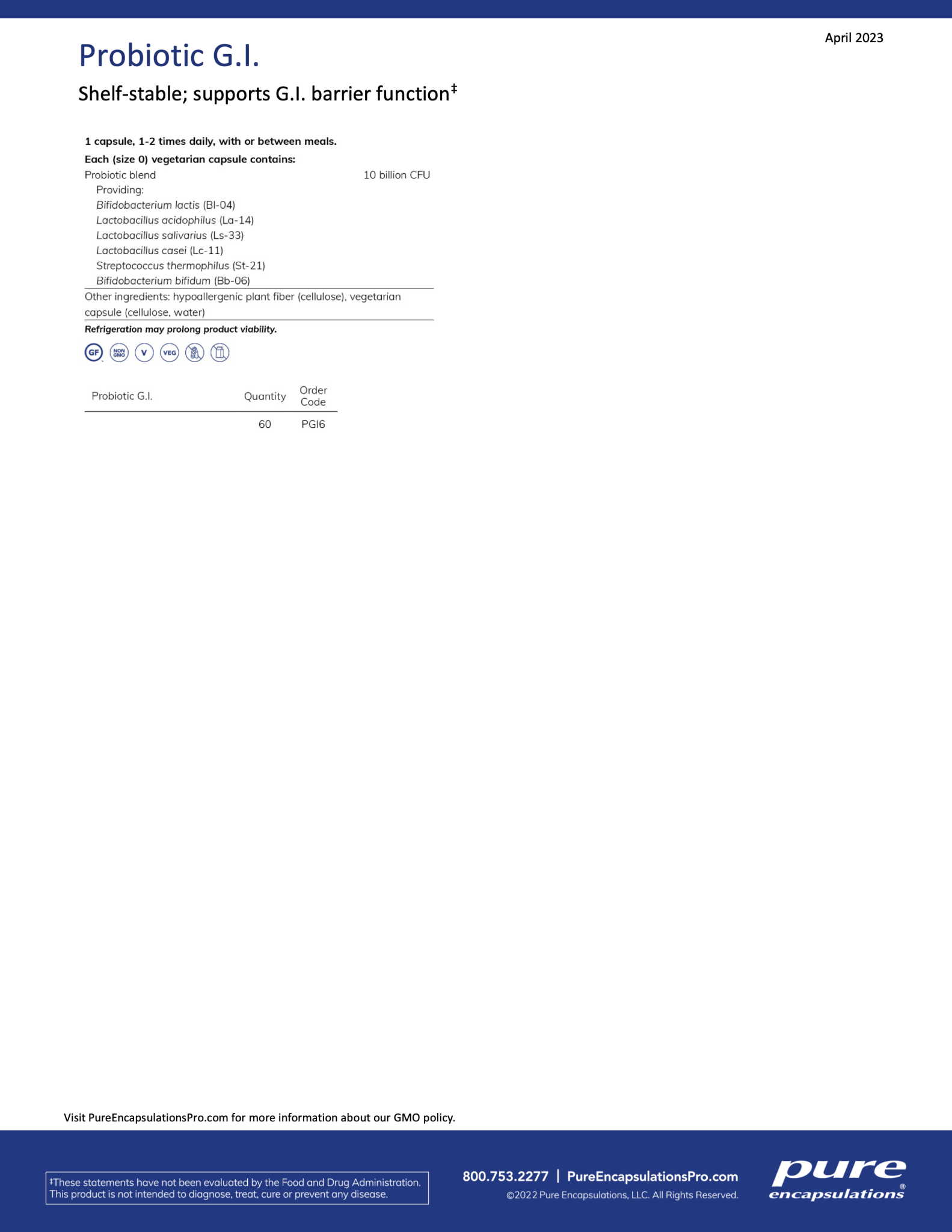 Probiotic G.I. | Pure Encapsulations® | 60 Capsules - Coal Harbour Pharmacy
