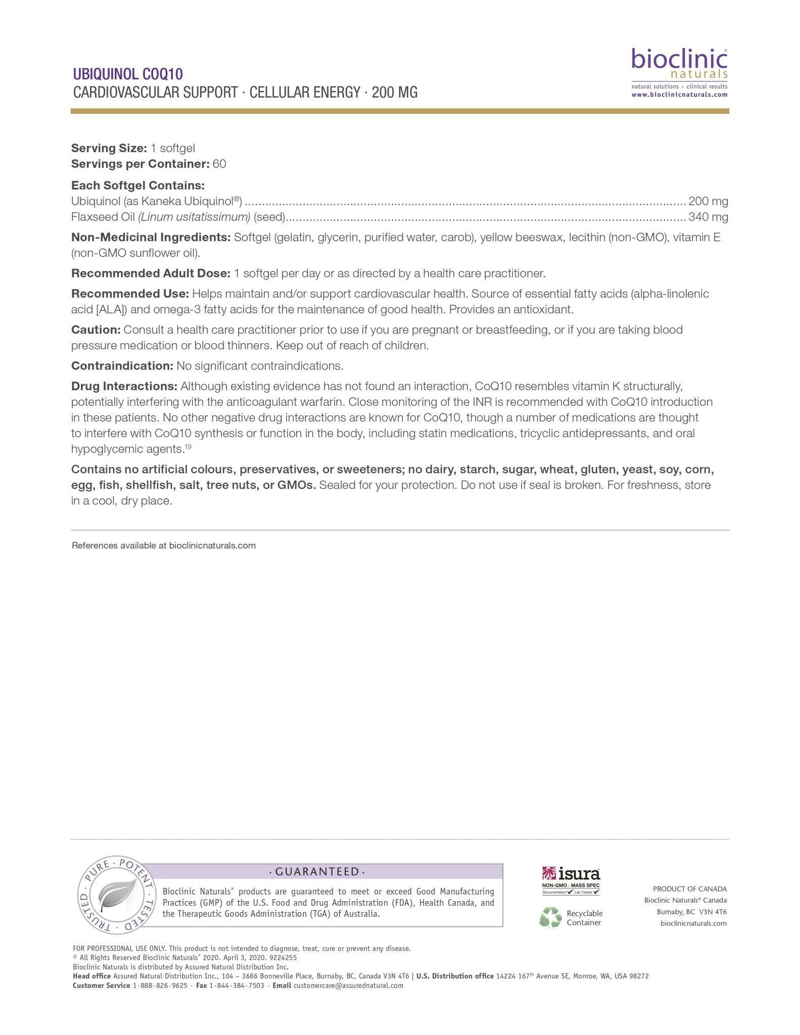 Ubiquinol CoQ10 200 mg | Bioclinic® Naturals | 60 Softgels - Coal Harbour Pharmacy