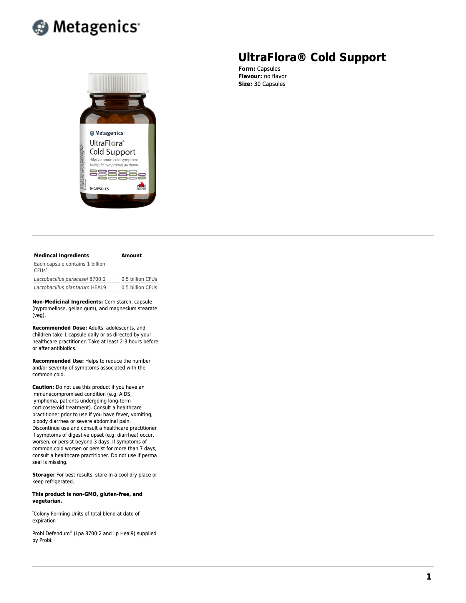 UltraFlora® Cold Support | Metagenics® | 30 Capsules - Coal Harbour Pharmacy