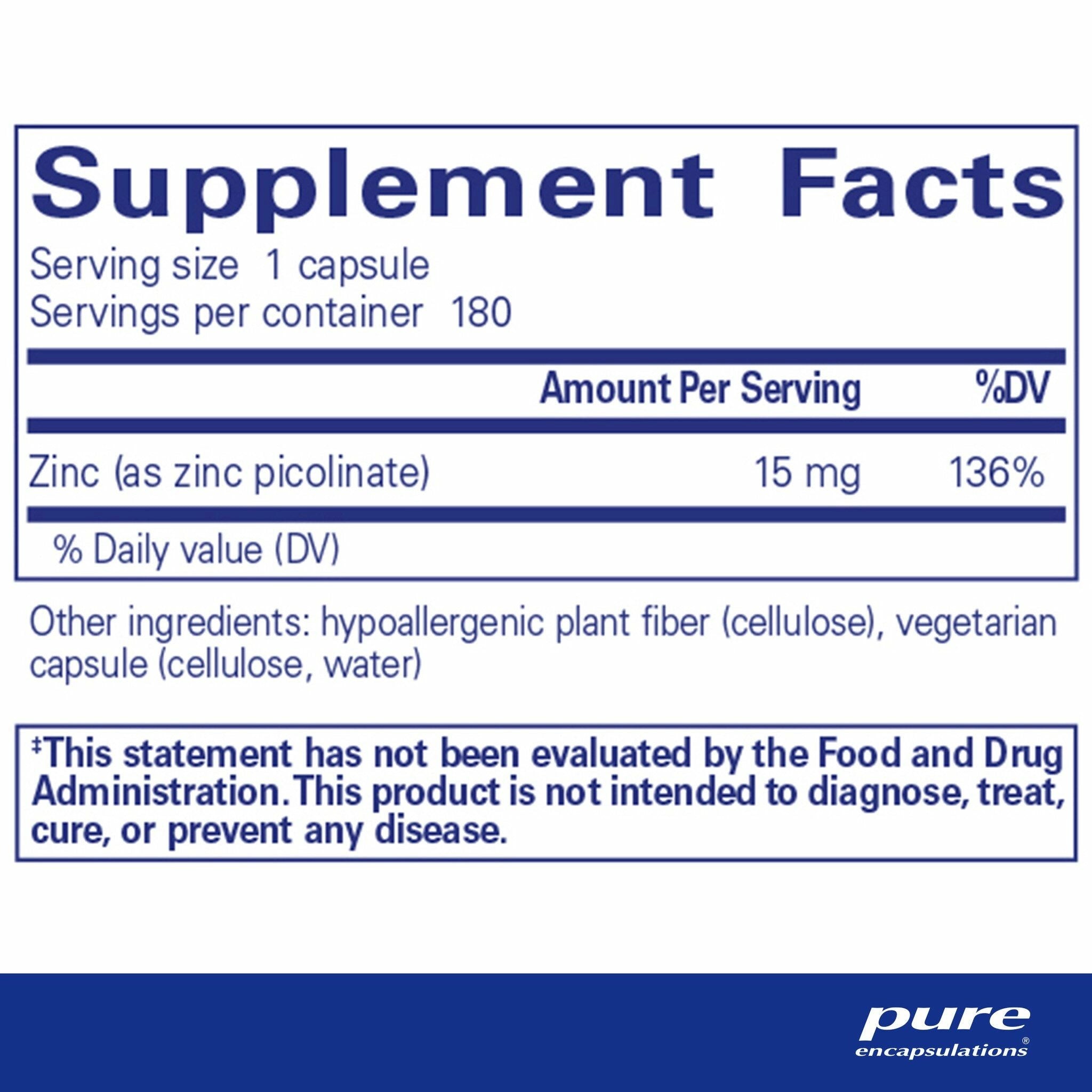Zinc 15 | Pure Encapsulations® | 180 Vegetable Capsules - Coal Harbour Pharmacy