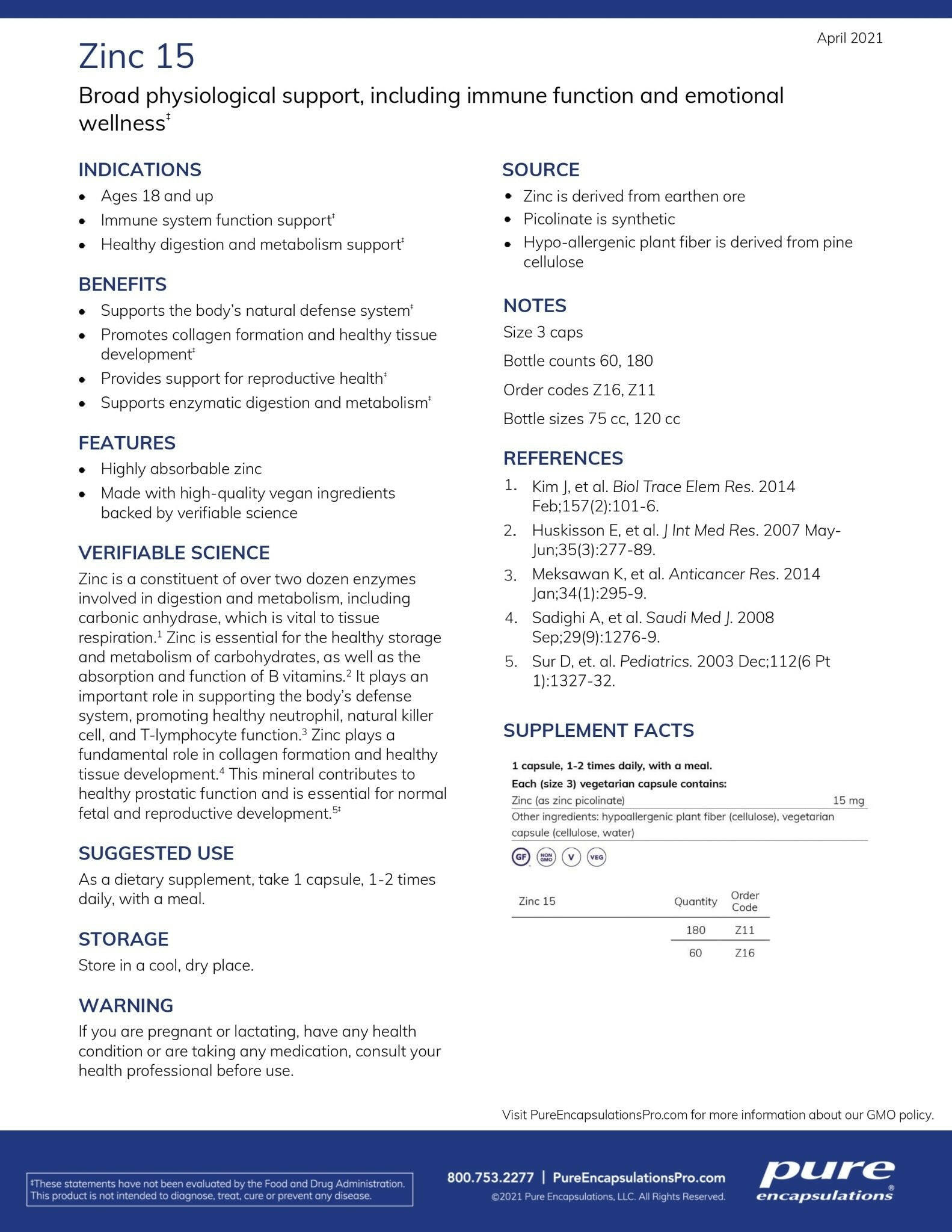 Zinc 15 | Pure Encapsulations® | 180 Vegetable Capsules - Coal Harbour Pharmacy