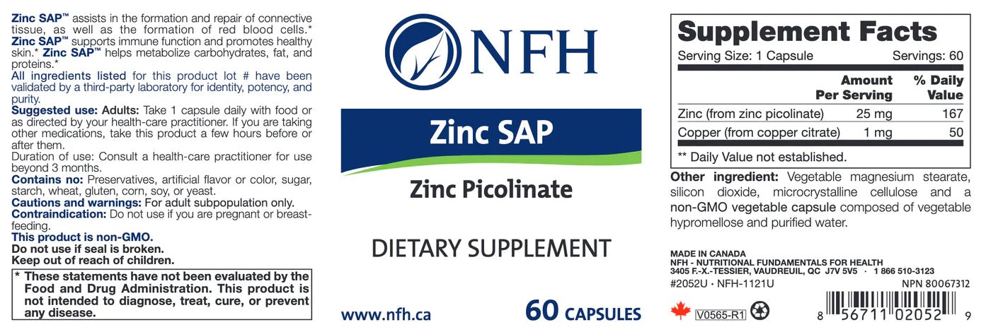 Zinc SAP | NFH | 60 Capsules - Coal Harbour Pharmacy