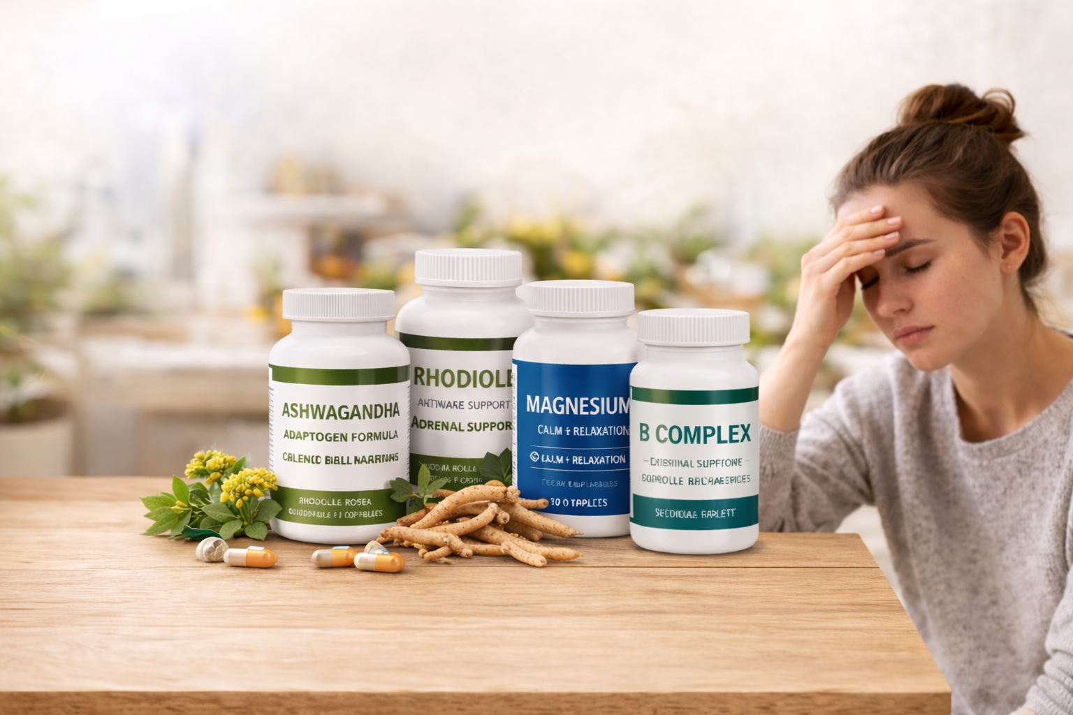 adaptogenic supplements for stress and fatigue including ashwagandha rhodiola magnesium and b complex with woman experiencing burnout