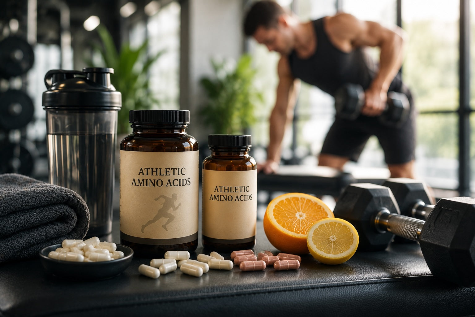 Athletic amino acid supplements including EAAs and BCAAs for muscle recovery, strength, endurance, and sports performance