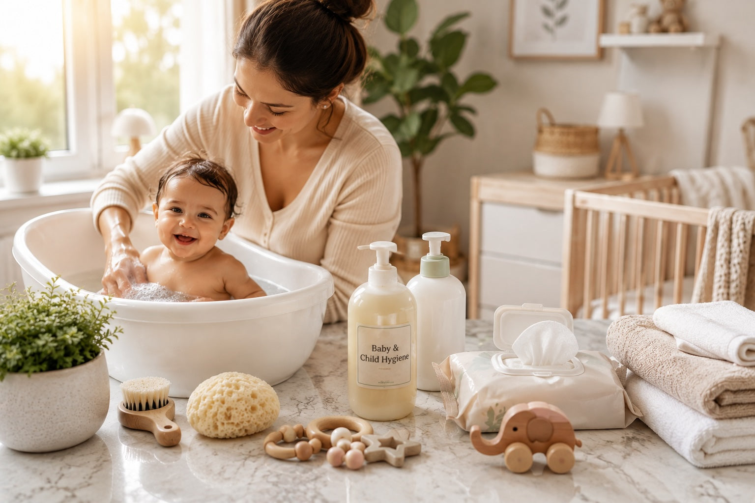 Baby and child hygiene essentials including gentle bath products, diaper care, skincare, and oral care for infants and young children