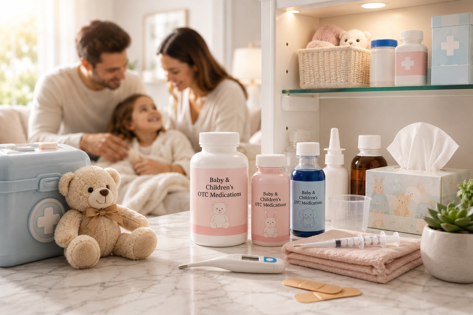 Baby and children’s OTC medications including fever, cough, cold, allergy, and first aid essentials for a family medicine cabinet