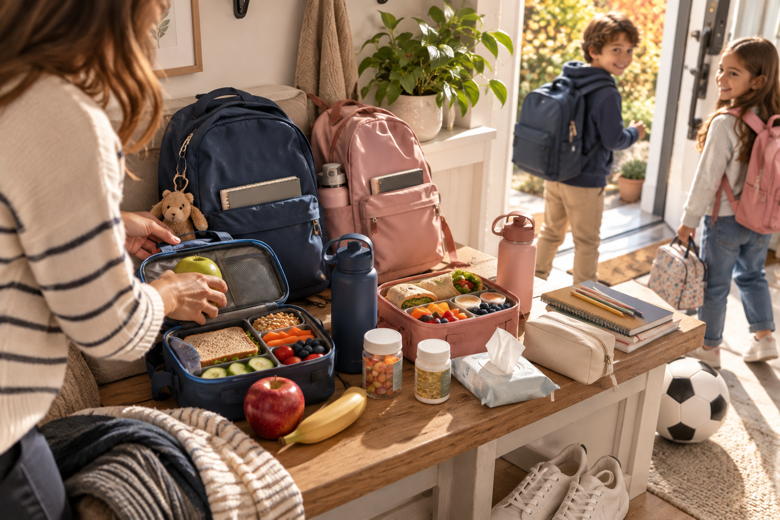 Back-to-school wellness essentials for kids including healthy lunches, hydration, vitamins and school supplies