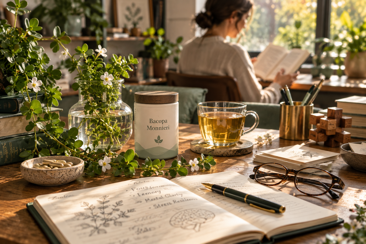 Bacopa Monnieri herb in a sunlit study representing memory, focus and cognitive wellness