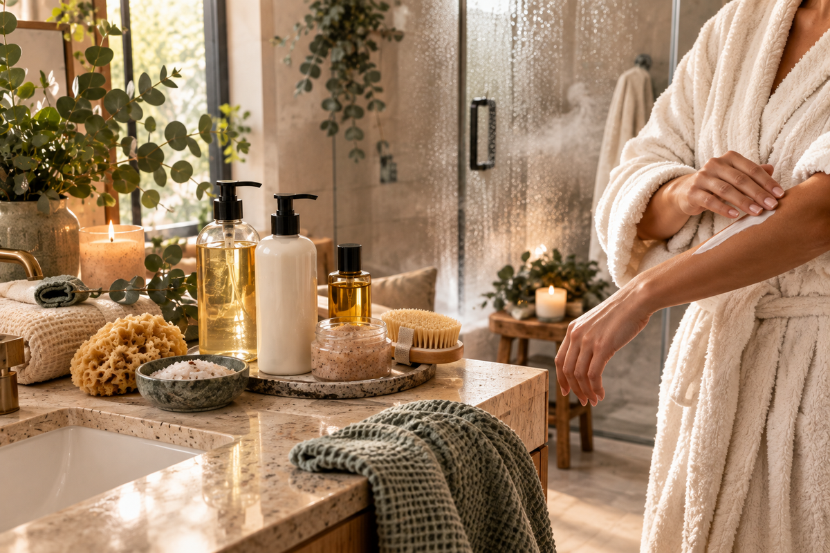Bath and body self-care essentials in a relaxing bathroom setting representing cleansing, moisturizing and daily skin comfort