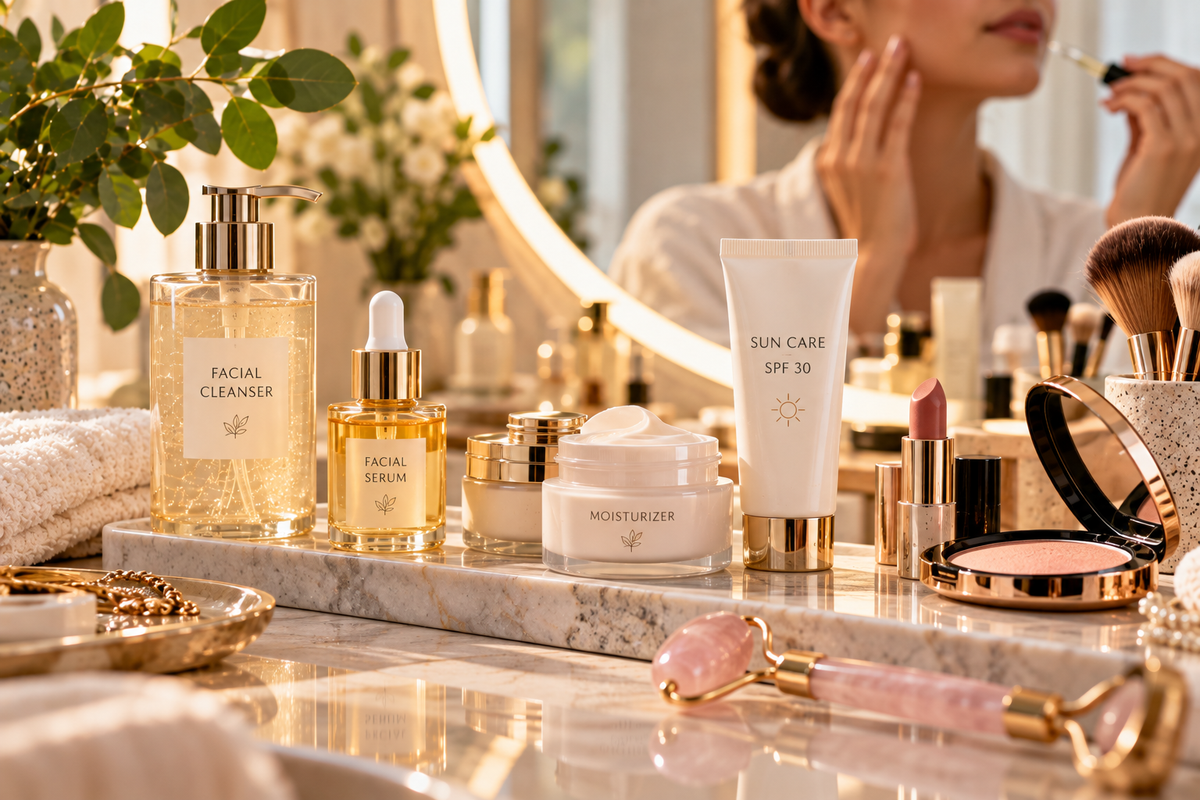 Beauty, cosmetics and skin care essentials arranged for a daily routine featuring cleansers, serums, moisturizers, sunscreen and beauty products