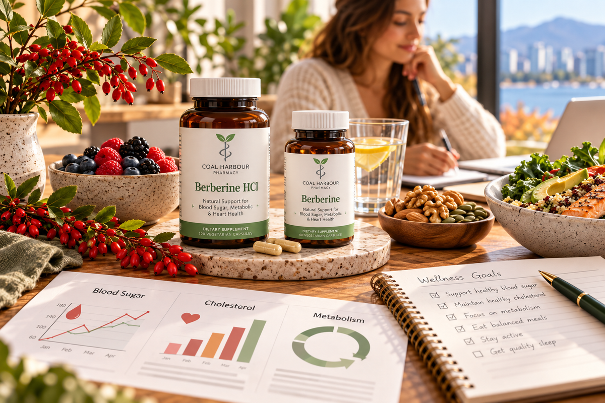 Berberine supplement bottle with botanical ingredients representing blood sugar, cholesterol and metabolic health support
