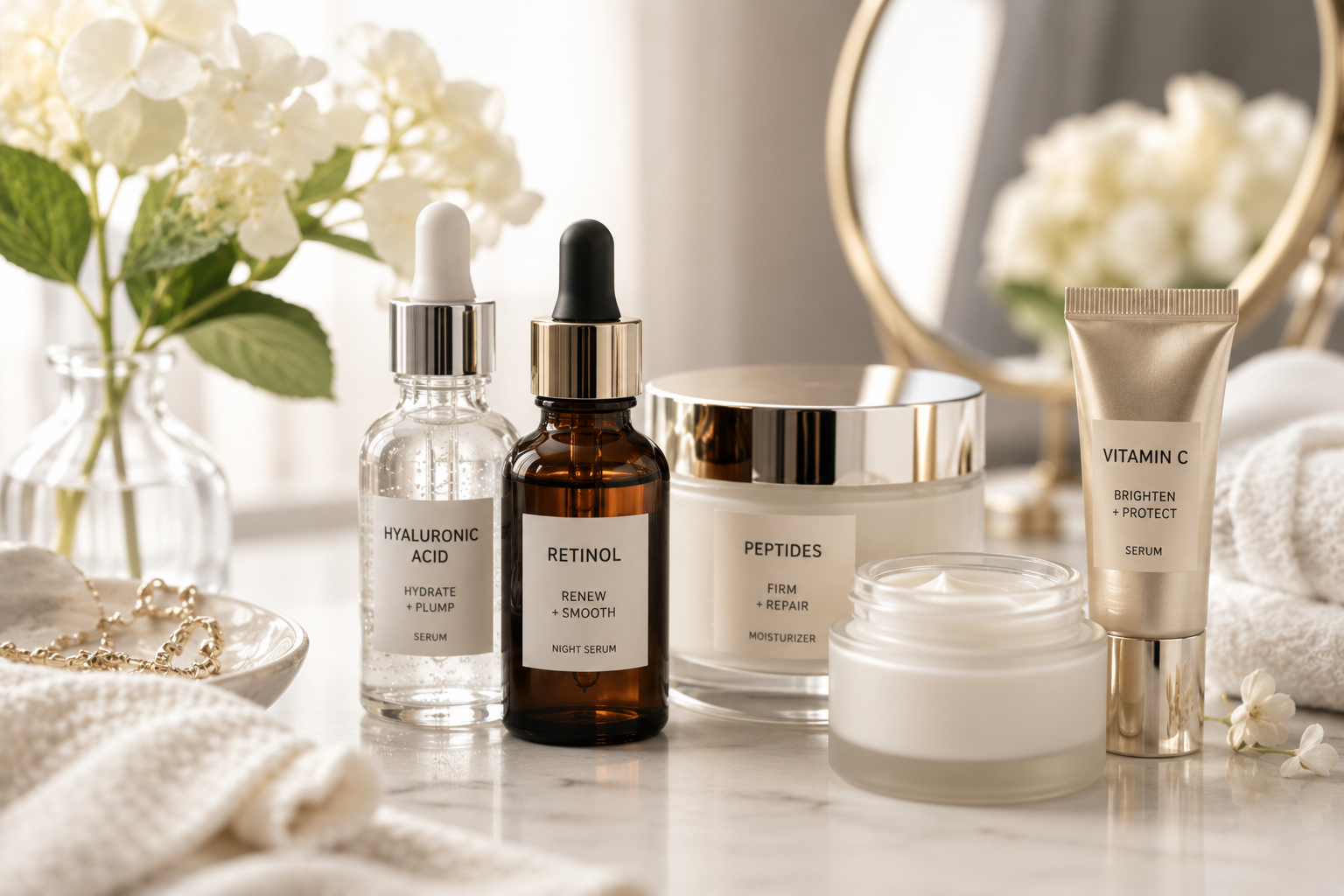 anti aging skincare products with retinol peptides hyaluronic acid and vitamin c for wrinkles and firming support